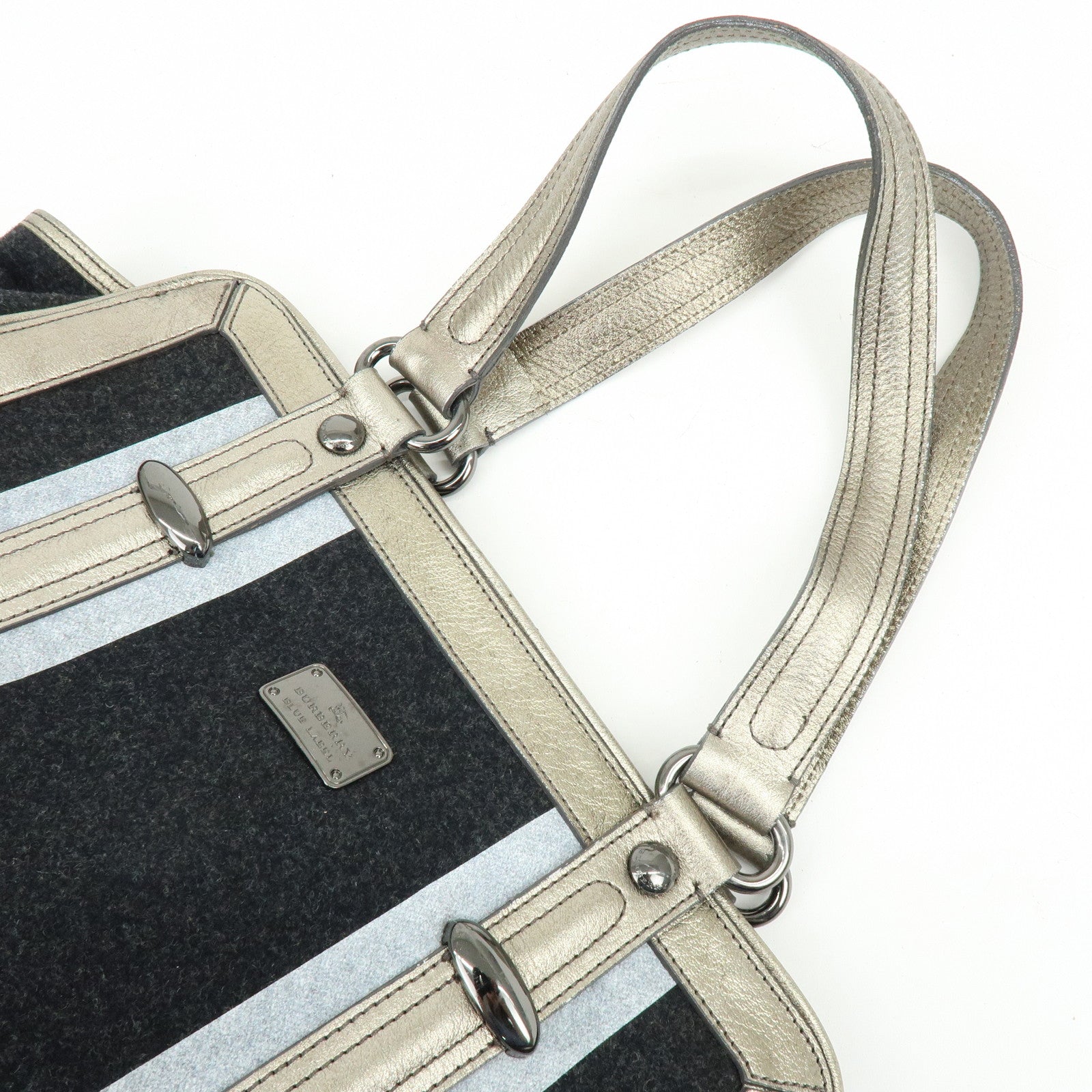 BURBERRY Blue Label Wool Leather Tote Bag Shoulder Bag Black Gold
