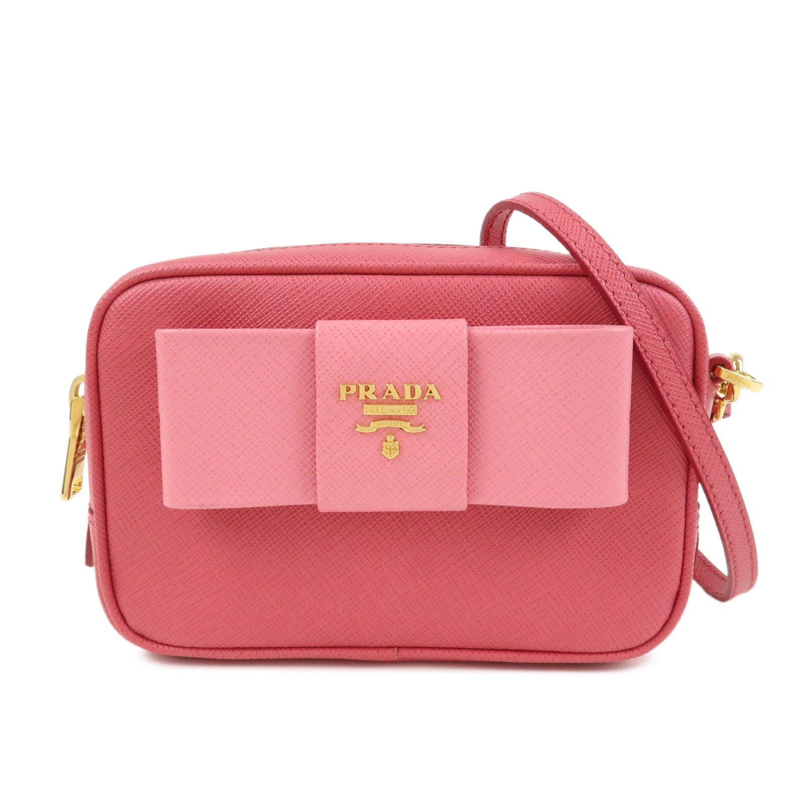 PRADA Saffiano Leather Ribbon Mini Camera Shoulder Bag Pink 1N1674