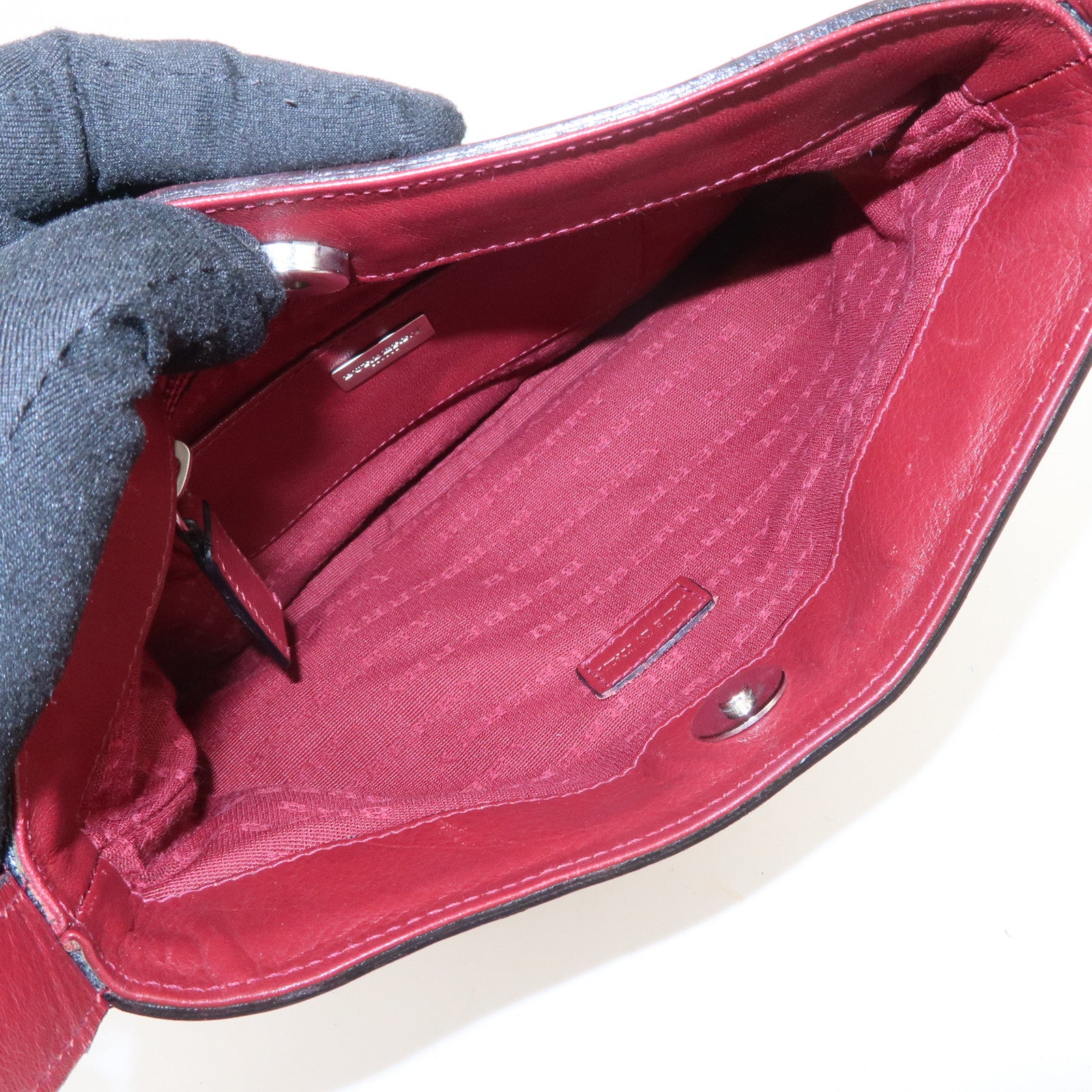 BURBERRY Wool Leather Hand Bag Plaid Wine Red Beige