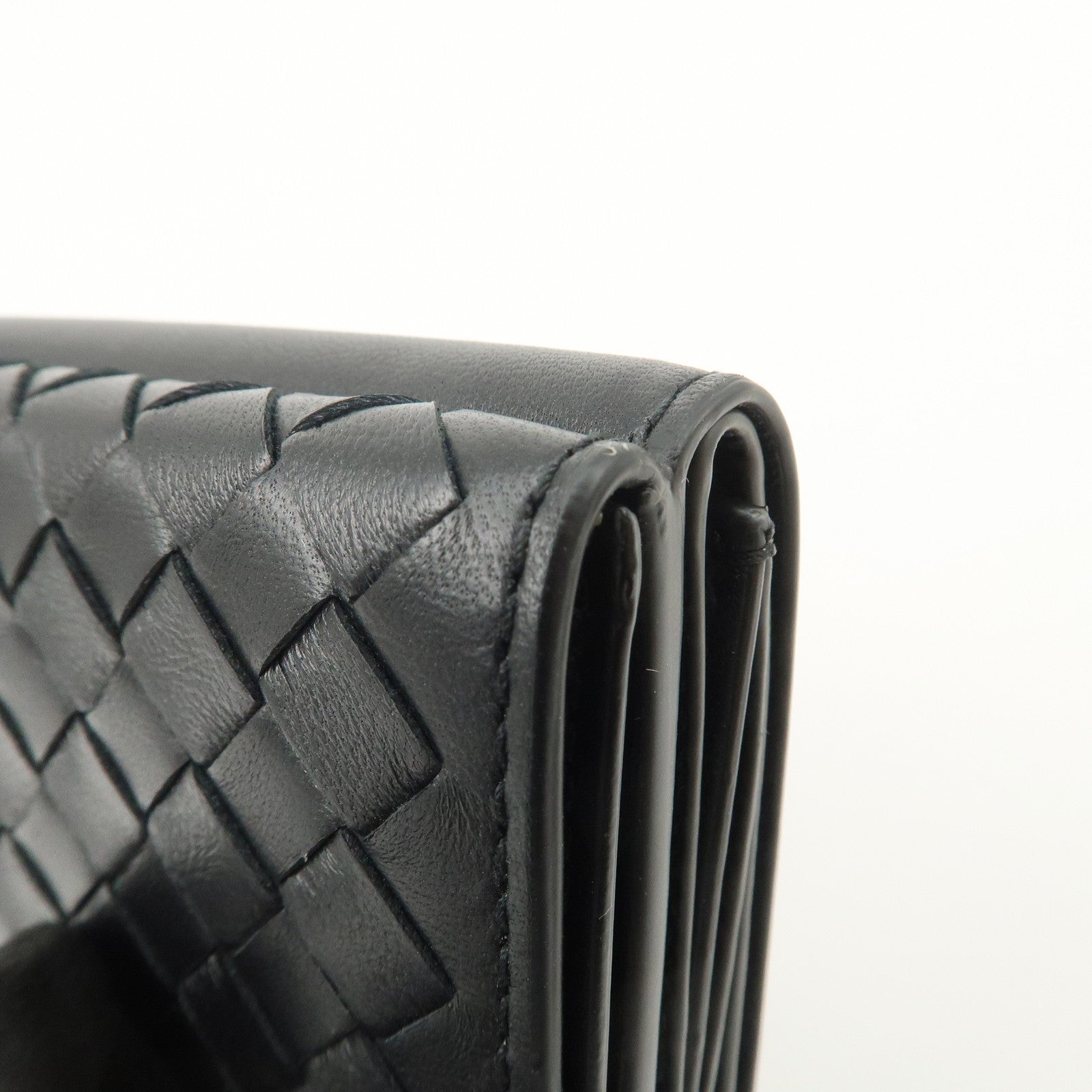 Bottega Veneta  Intrecciato Leather Tri-fold Compact Wallet Black
