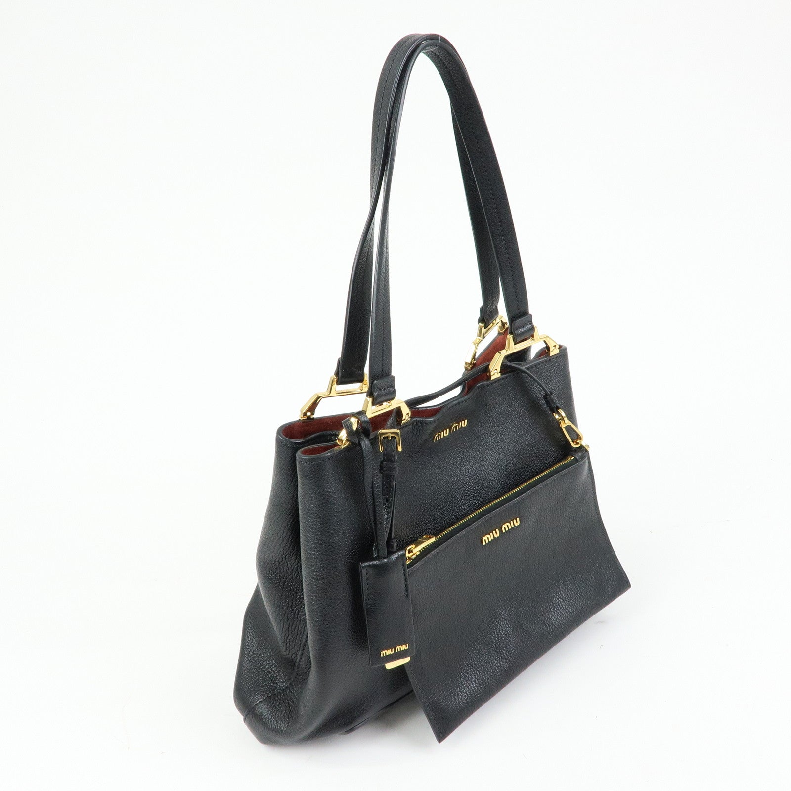 MIU MIU Logo Madras Leather Tote Bag Shoulder Bag Hand Bag Black