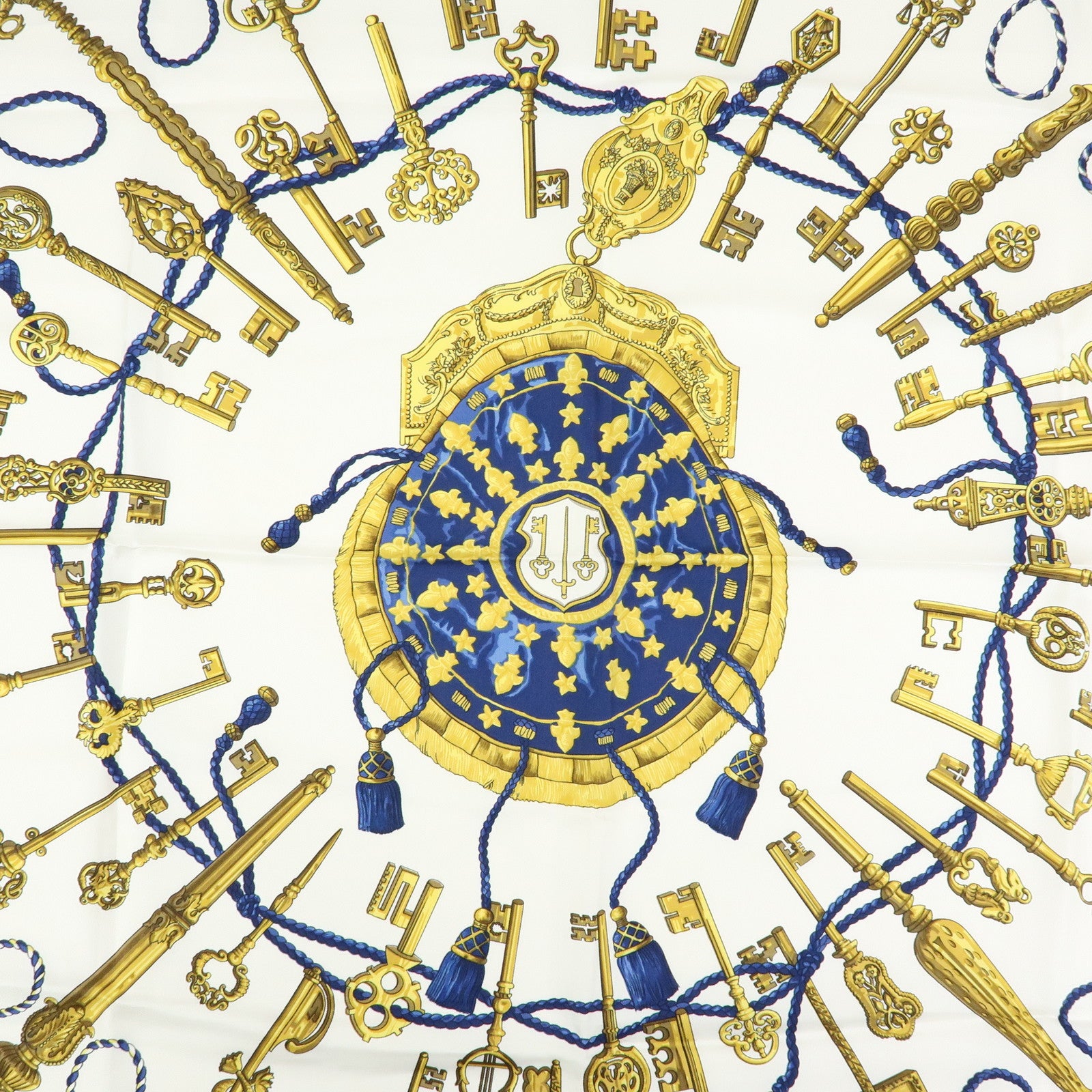 HERMES Carre 90 Silk 100% Scarf LES CLES THE KEYS RARE White Navy