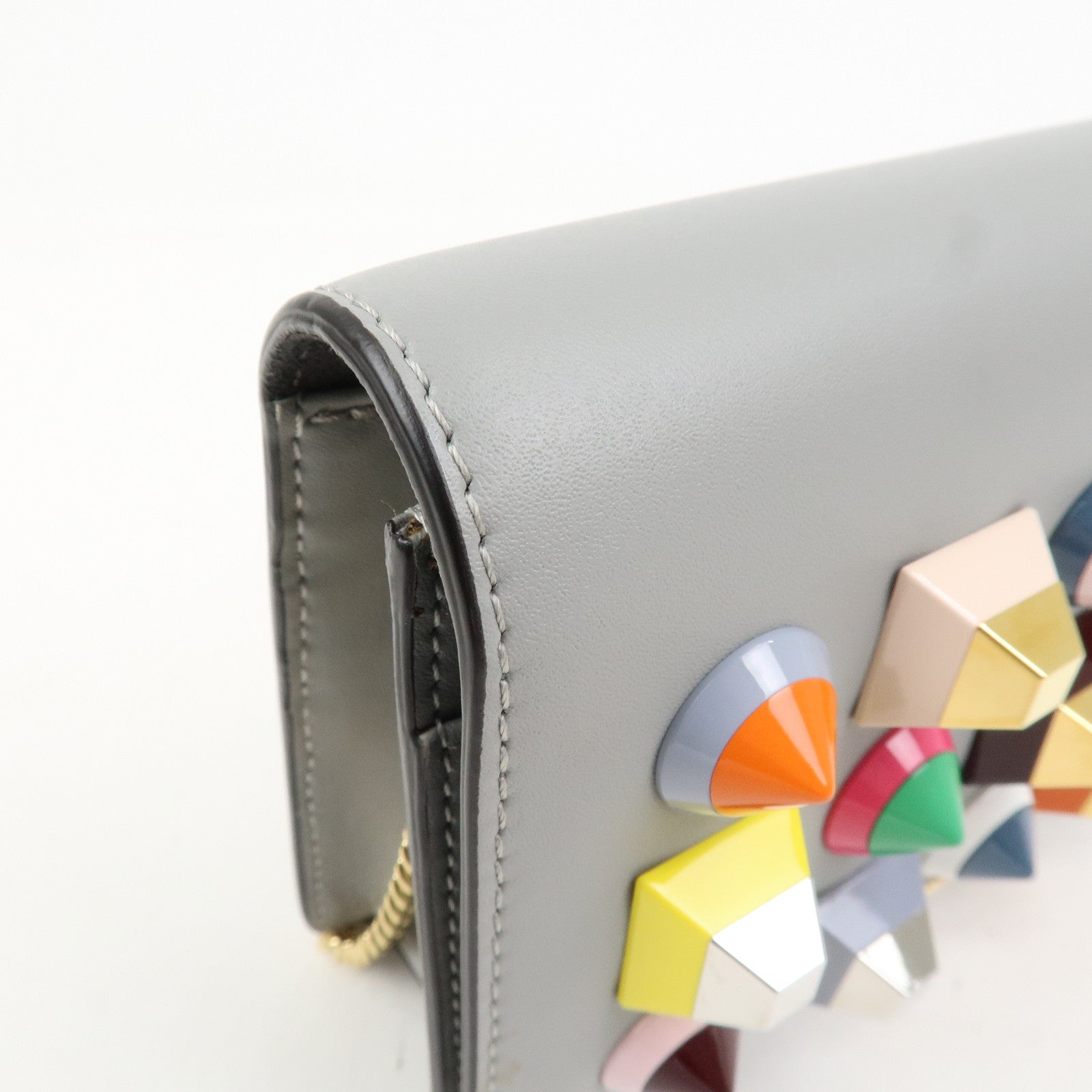 FENDI Leather Studs Shoulder Bag Hand Bag Grey 8M0346