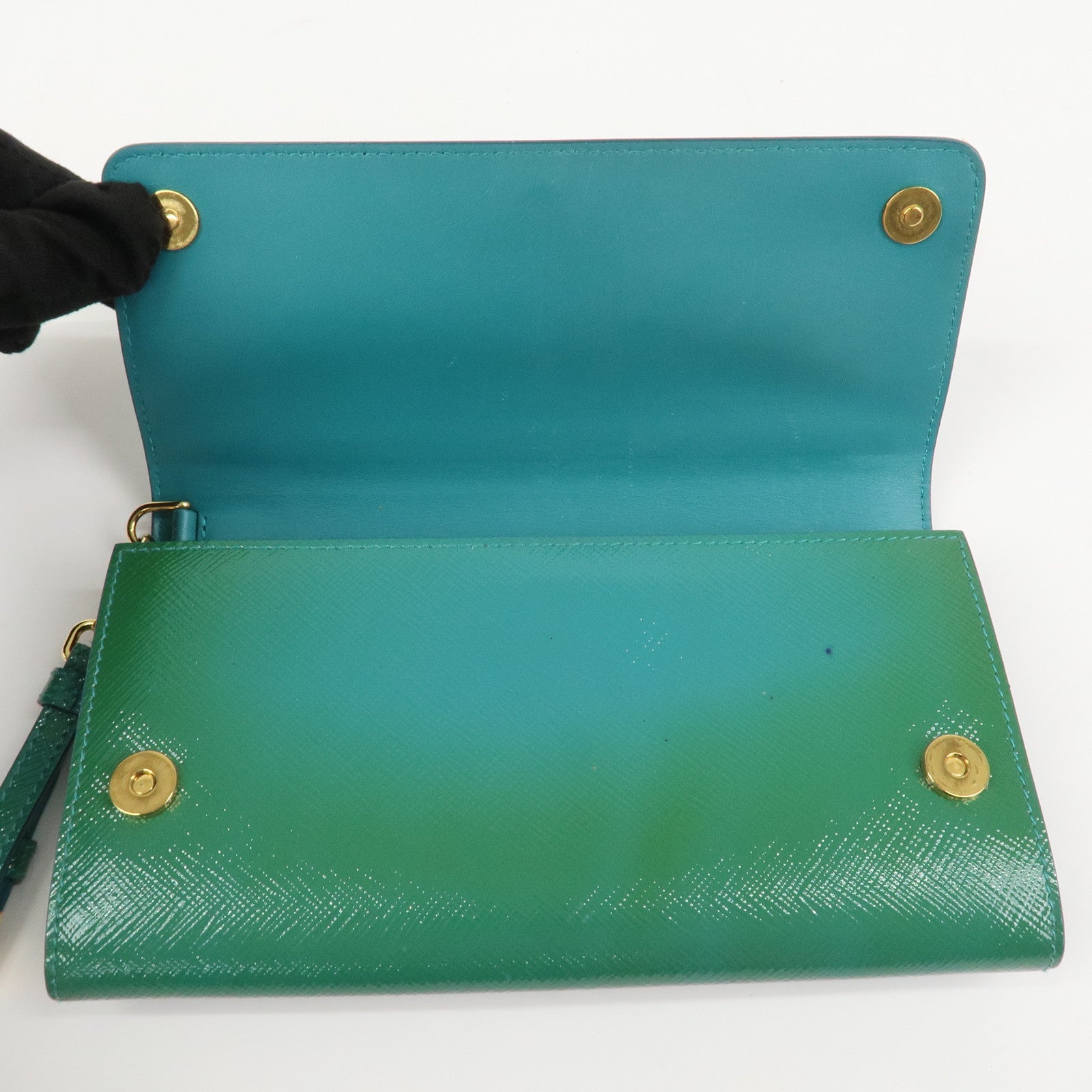 PRADA Triangle Logo Patent Leather Bi-Fold Long Wallet Green