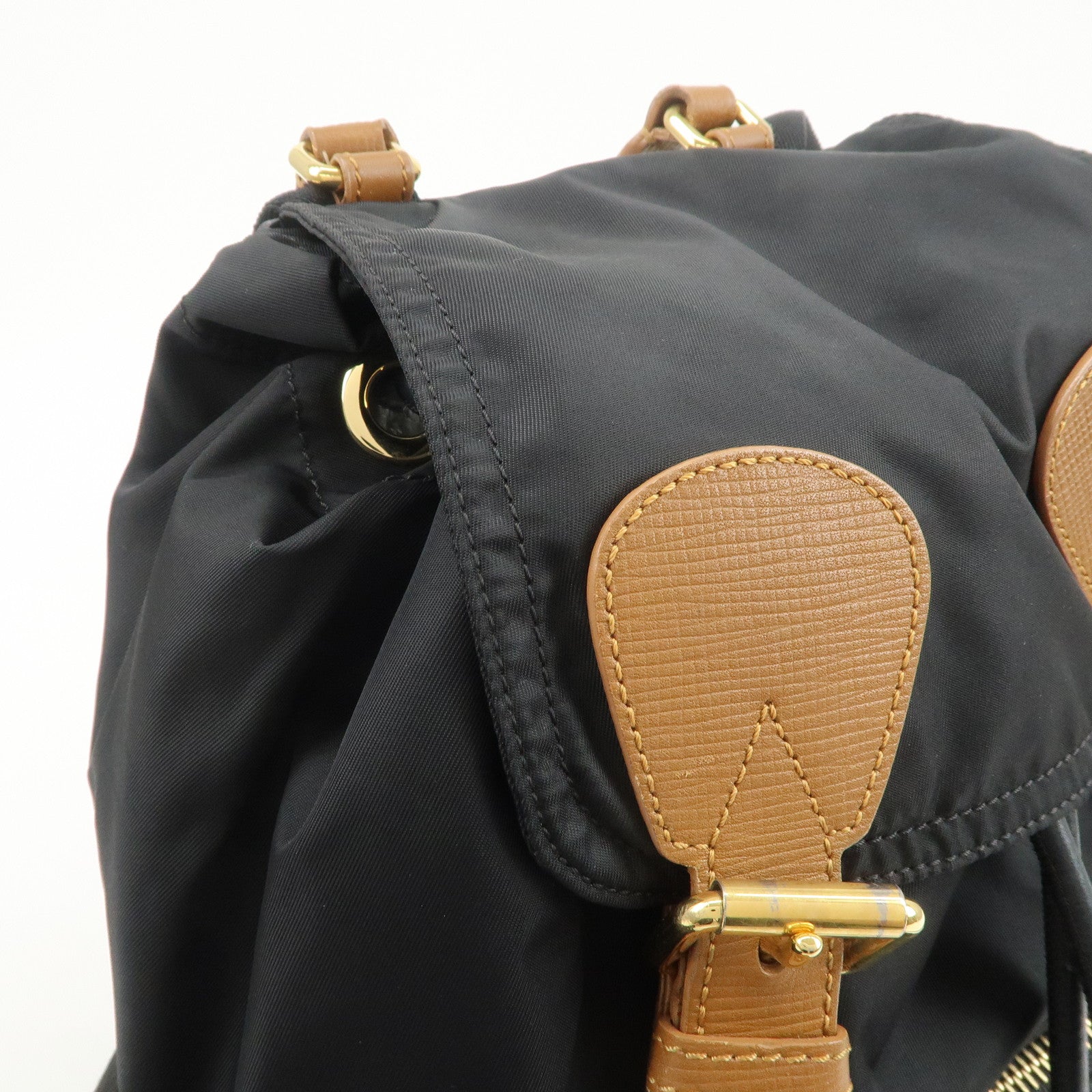 BURBERRY Nylon Leather Backpack Rucksuck Black Brown Gold