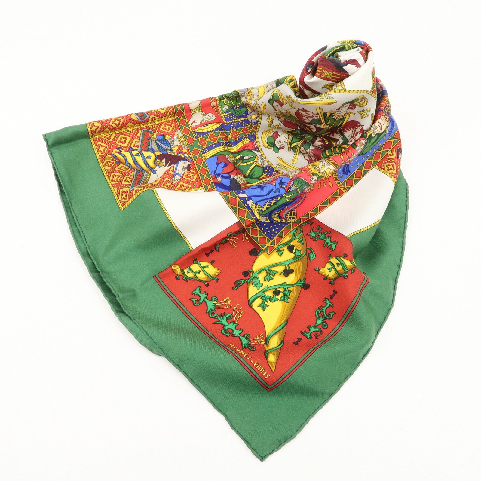 HERMES Carre 90 Silk 100% Scarf LE TAROT Green Multi Color