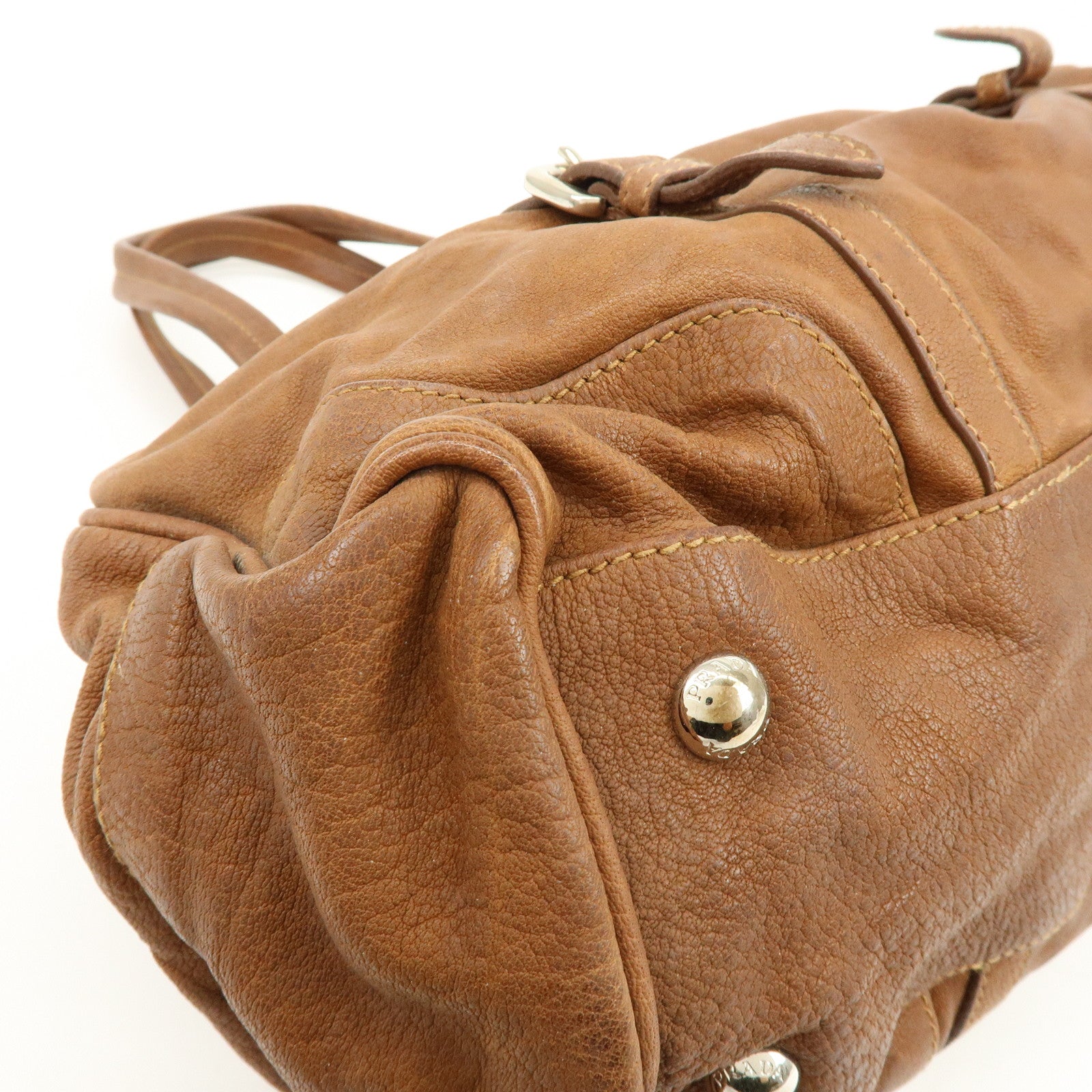 PRADA Triangle Logo Leather Boston Bag Hand Bag Doctor Bag Brown