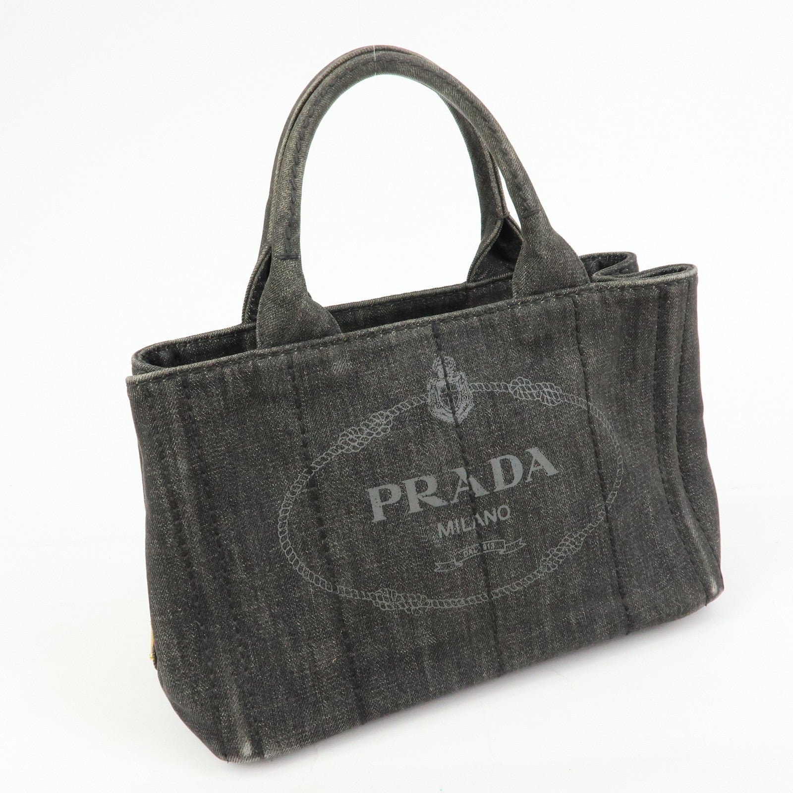 PRADA Triangle Logo Canapa Mini Denim 2Way Hand Bag Black 1BG439