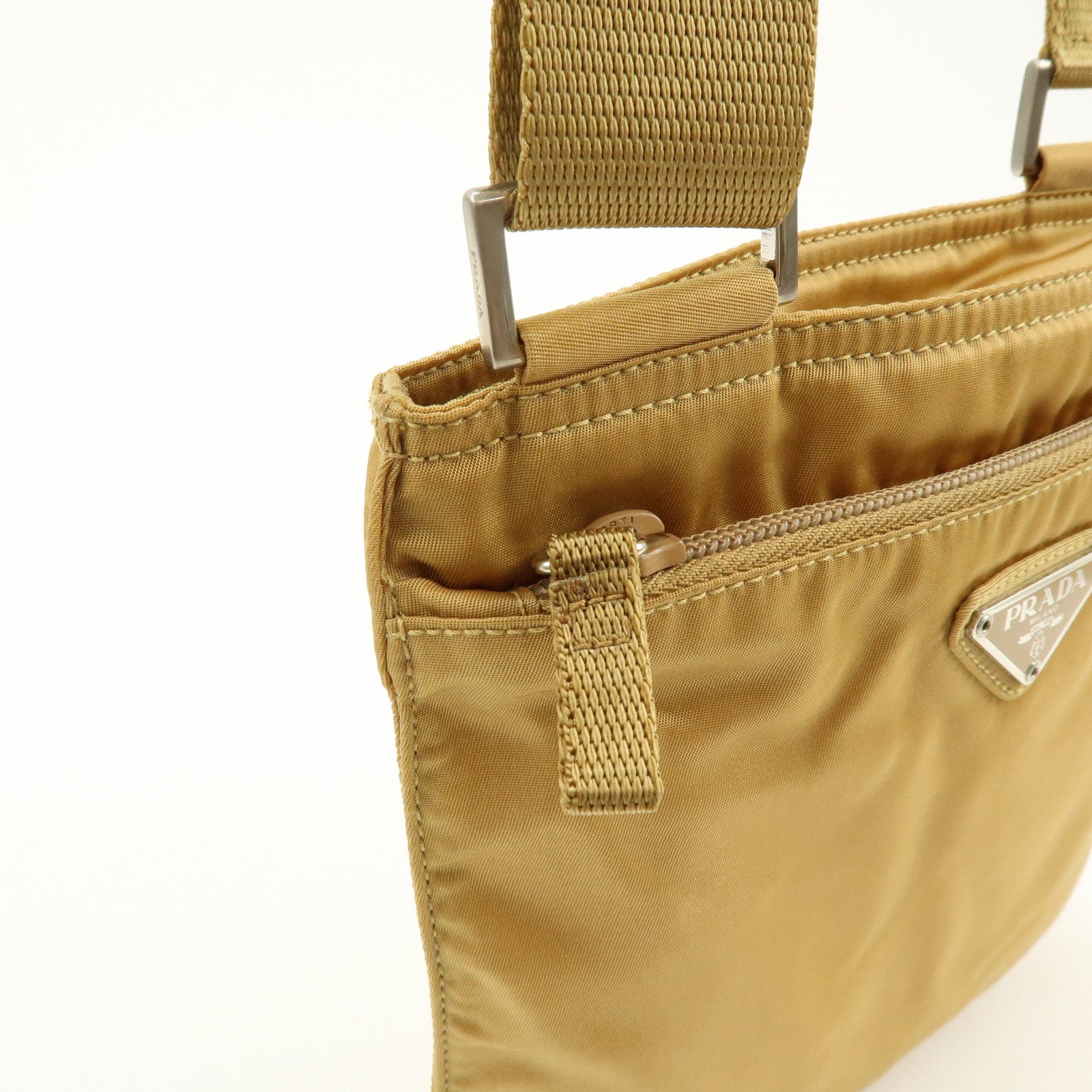 PRADA Triangle Logo Nylon Leather Shoulder Bag Beige B7372