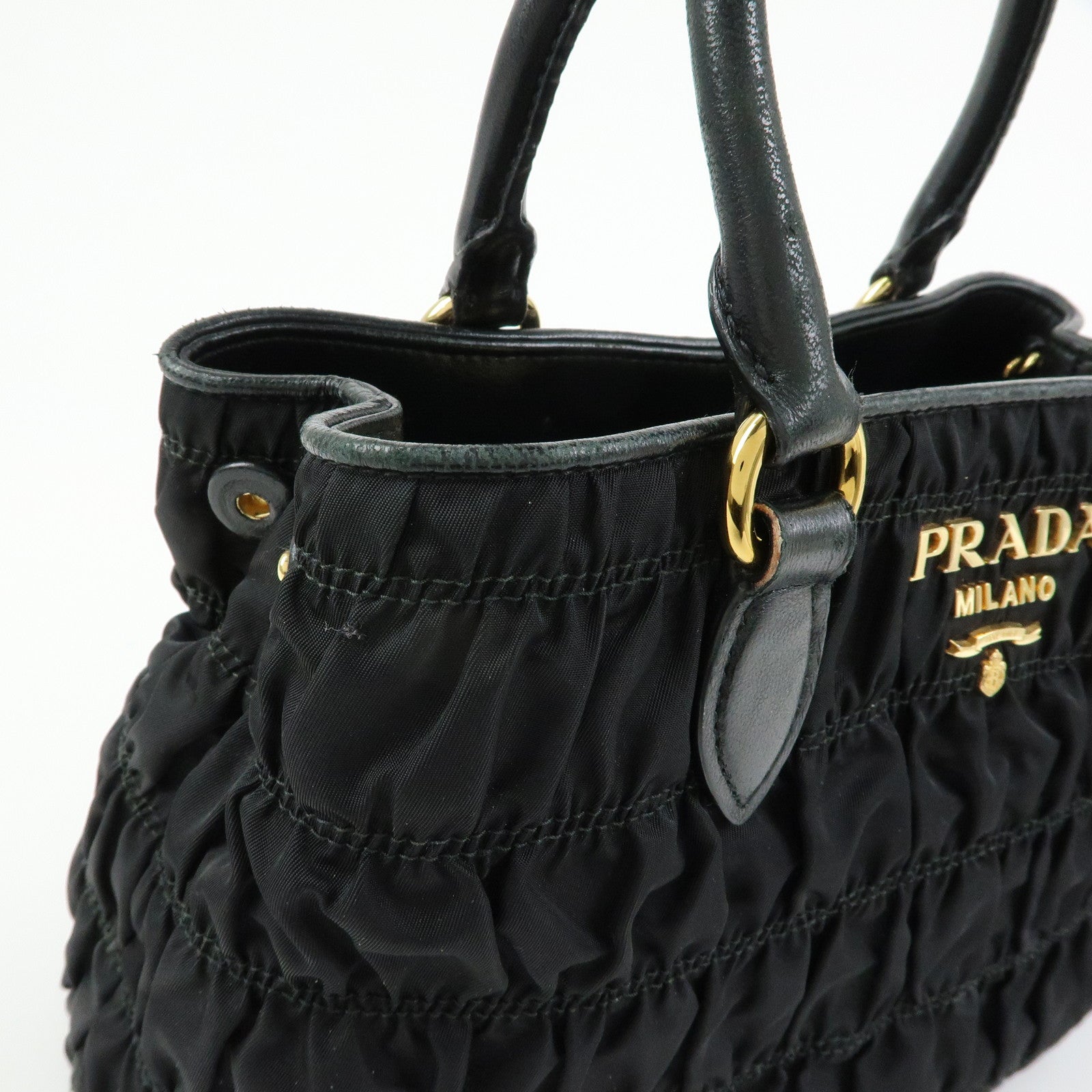PRADA Nylon Leather Gathered Tote Bag Hand Bag Black