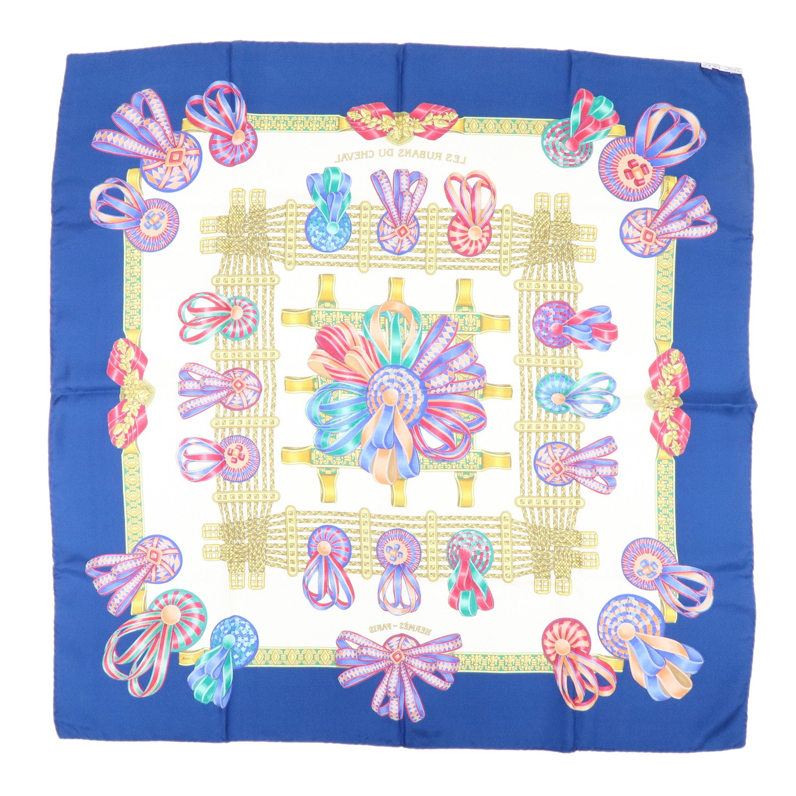 HERMES Carre 90 Silk 100% Scarf LES RUBANS DU CHEVAL Navy Gold