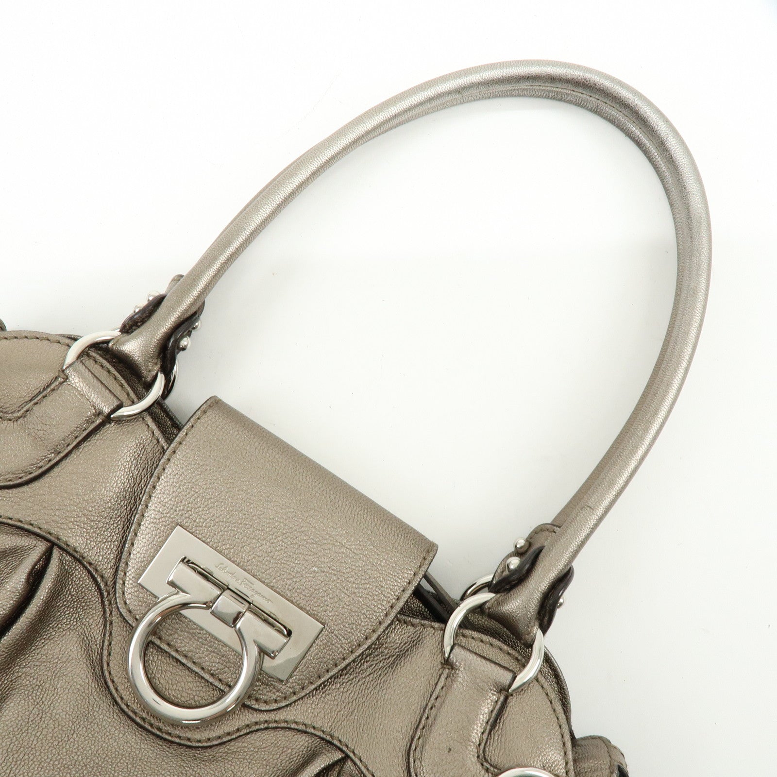 Ferragamo Gancini Leather Hand Bag Shoulder Bag Bronze