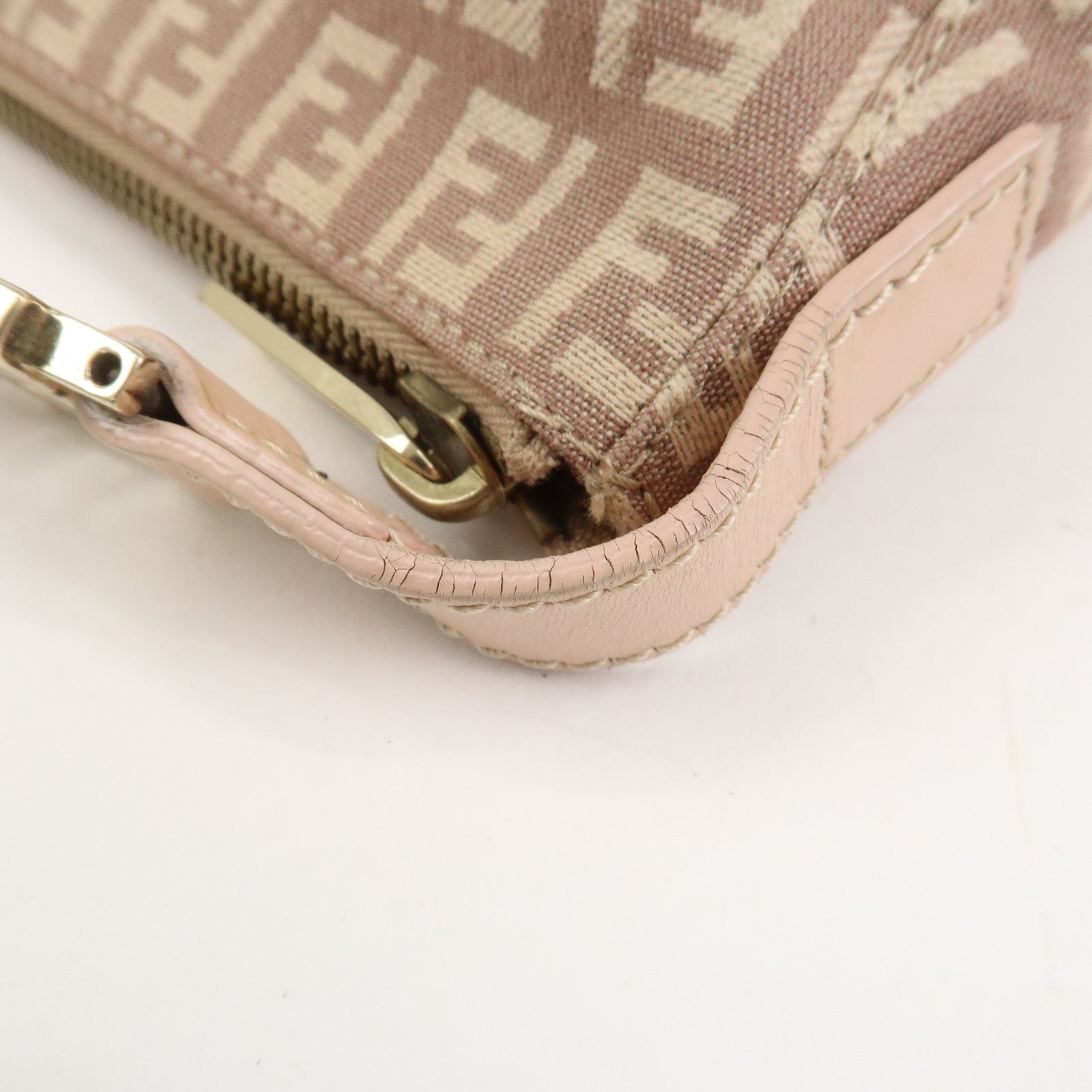 FENDI Zucchino Canvas Leather Shoulder Hand Bag Pink Beige 8BR444