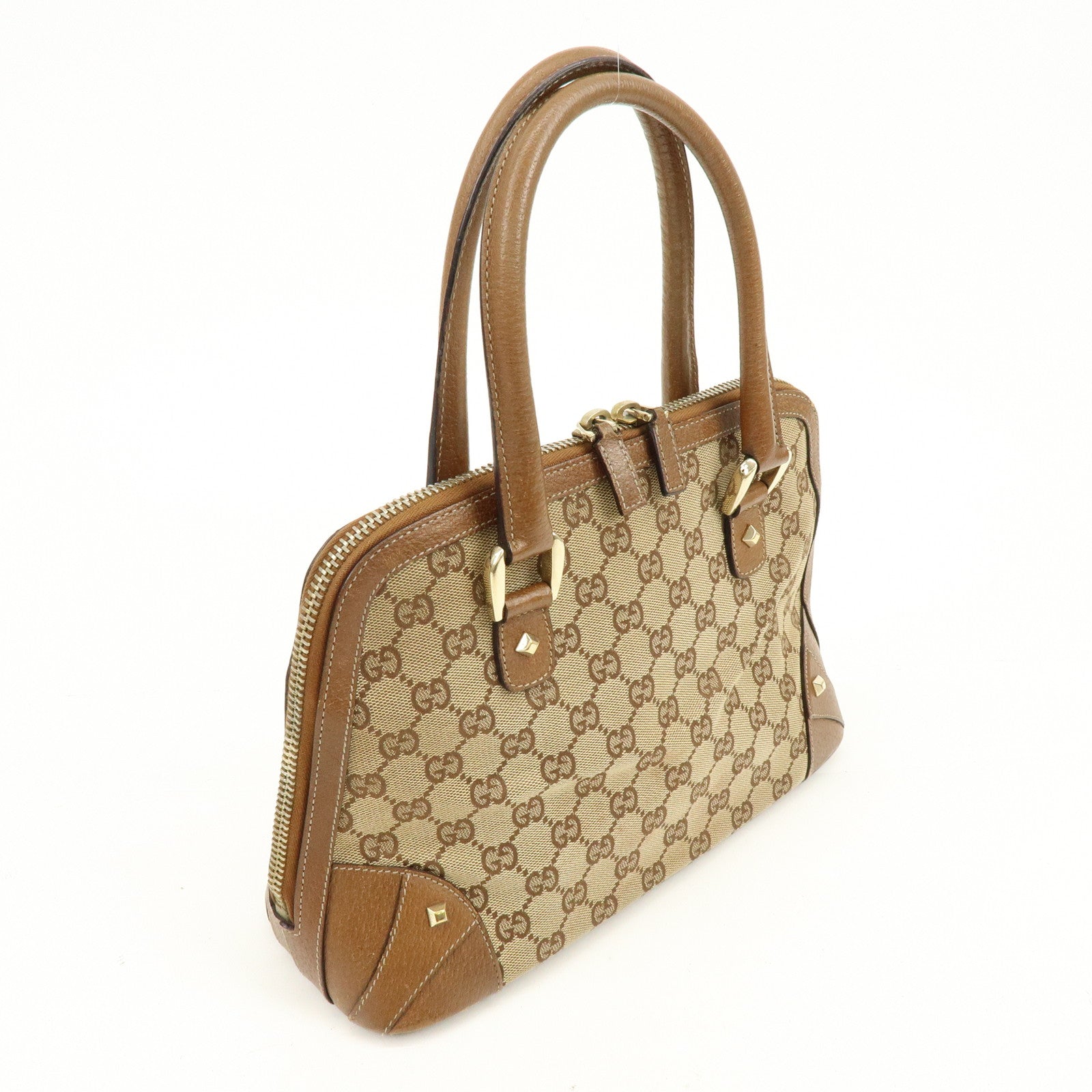 GUCCI GG Canvas Leather Studded Hand Bag Brown 131023