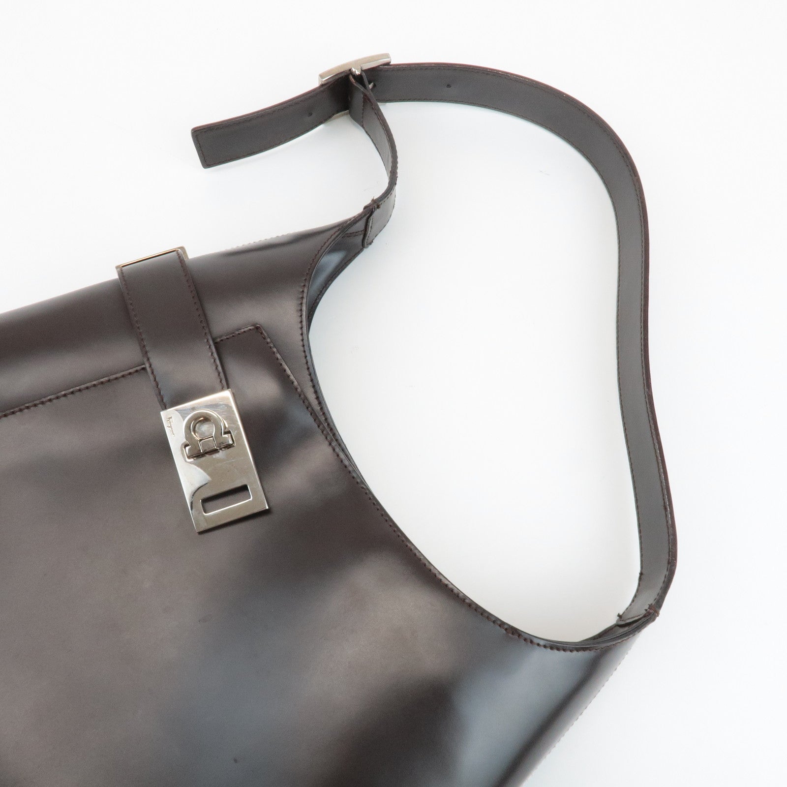 Ferragamo Gancini Leather Shoulder Bag Hand Bag Dark Brown Used