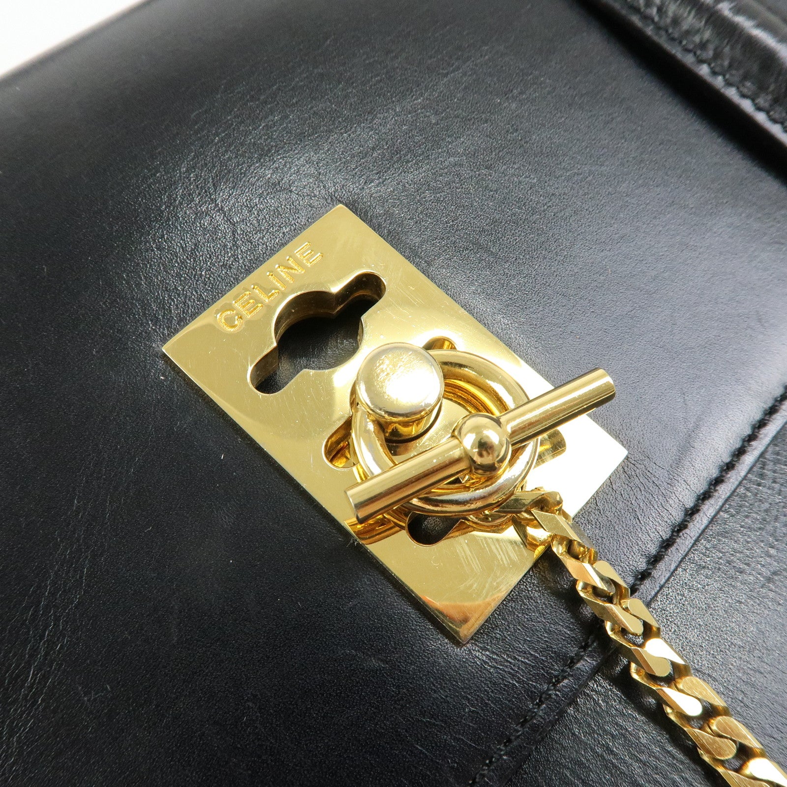 CELINE Leather Chain Lock Tote Bag Shoulder Bag Hand Bag Black