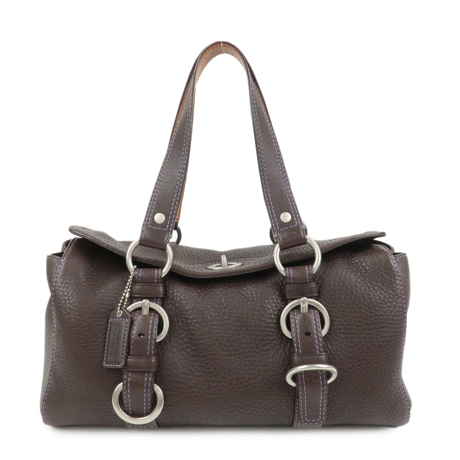 COACH Logo Leather Shoulder Bag Hand Bag Boston Bag Dark Brown