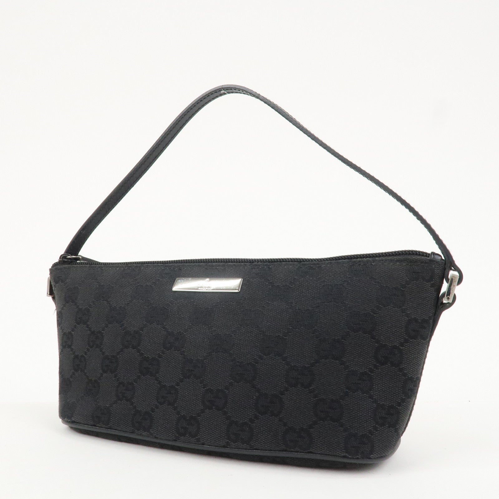 GUCCI Boat Bag GG Canvas Leather Hand Bag Pouch Black 07198