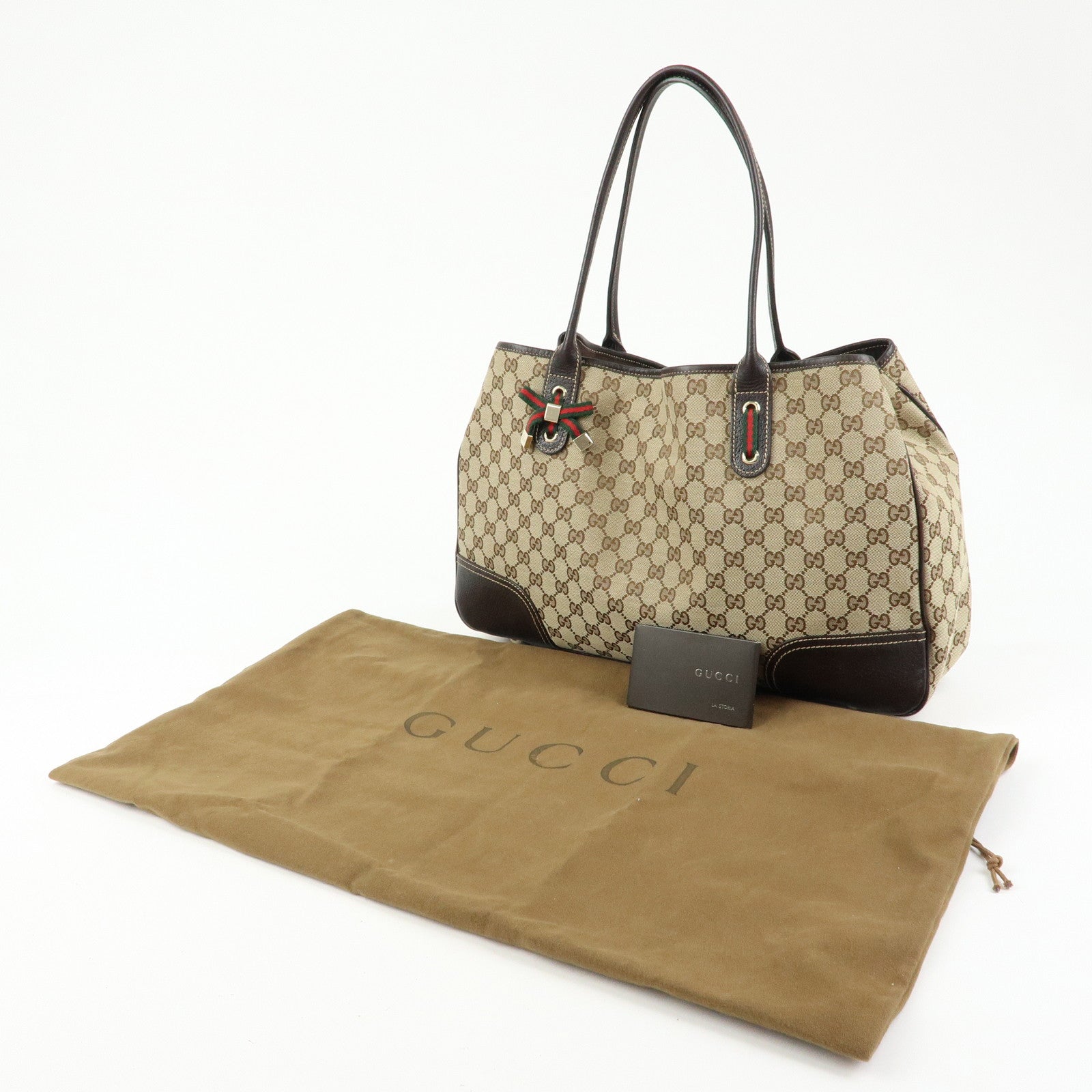 GUCCI Princy GG Canvas Leather Tote Bag Beige Dark Brown 161719