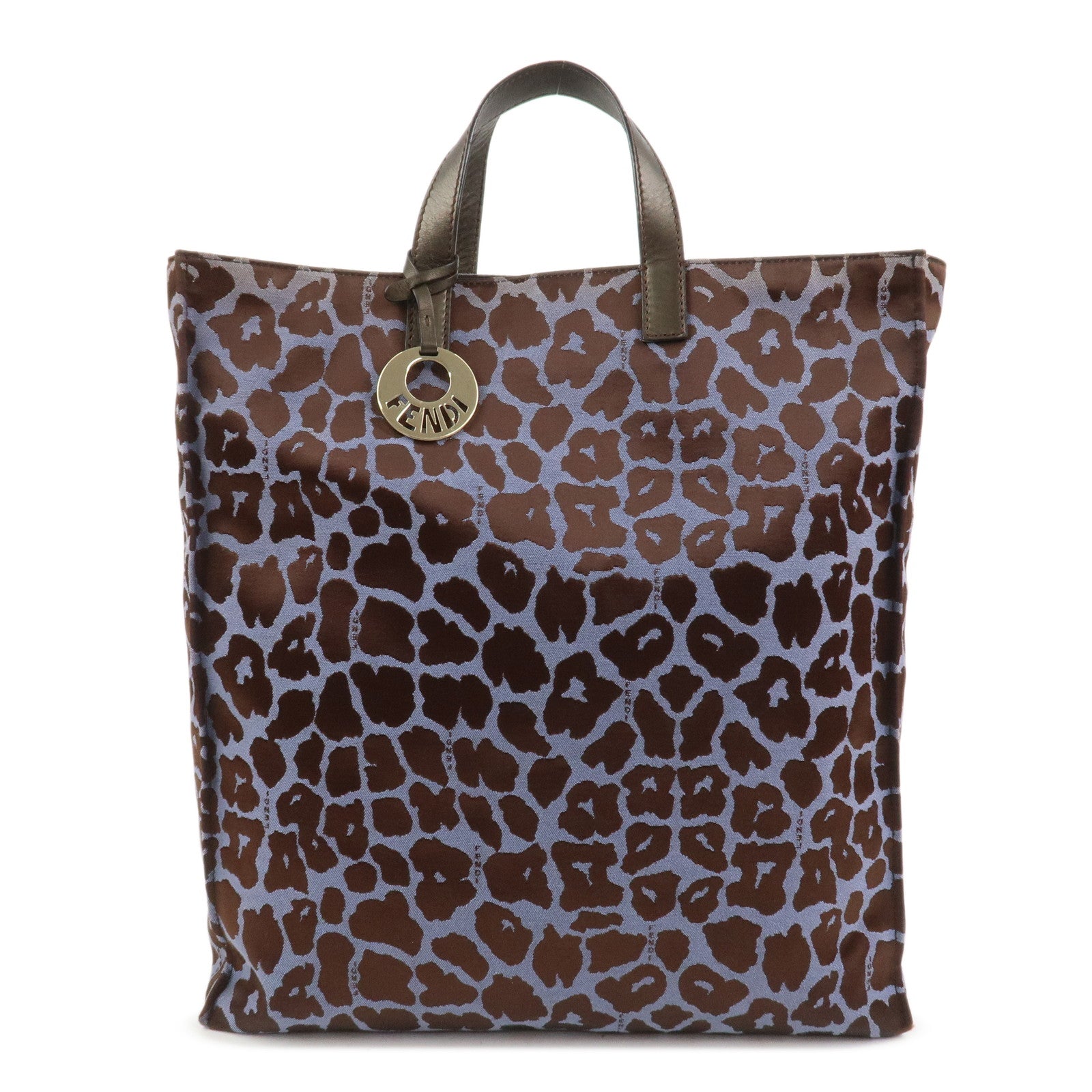 FENDI Leopard Canvas Satin Leather Tote Bag Hand Bag Blue 8BH173