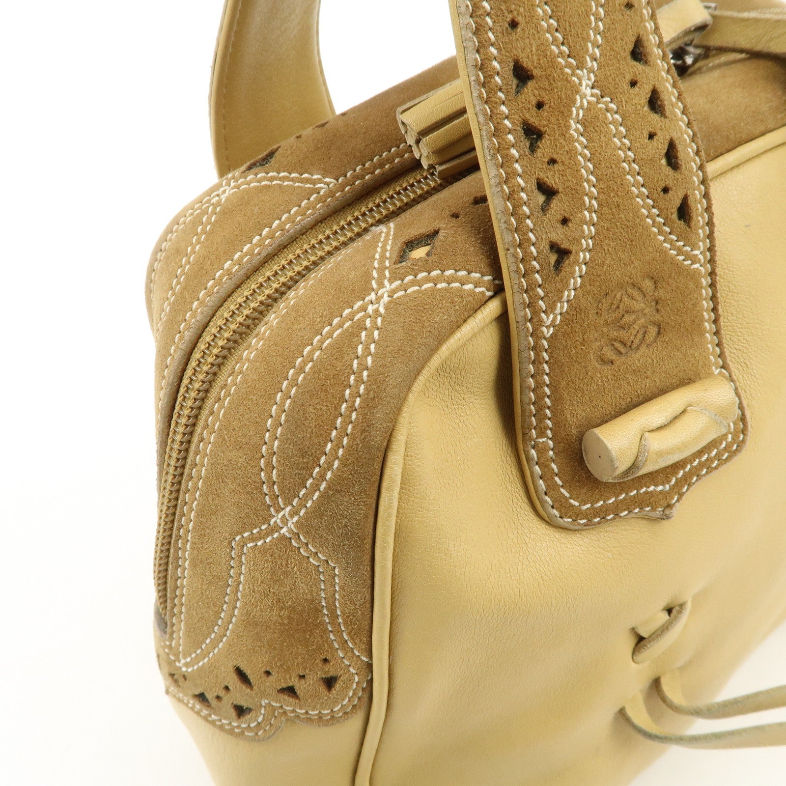 LOEWE Anagram Leather Suede Punching Boston Bag Beige Used