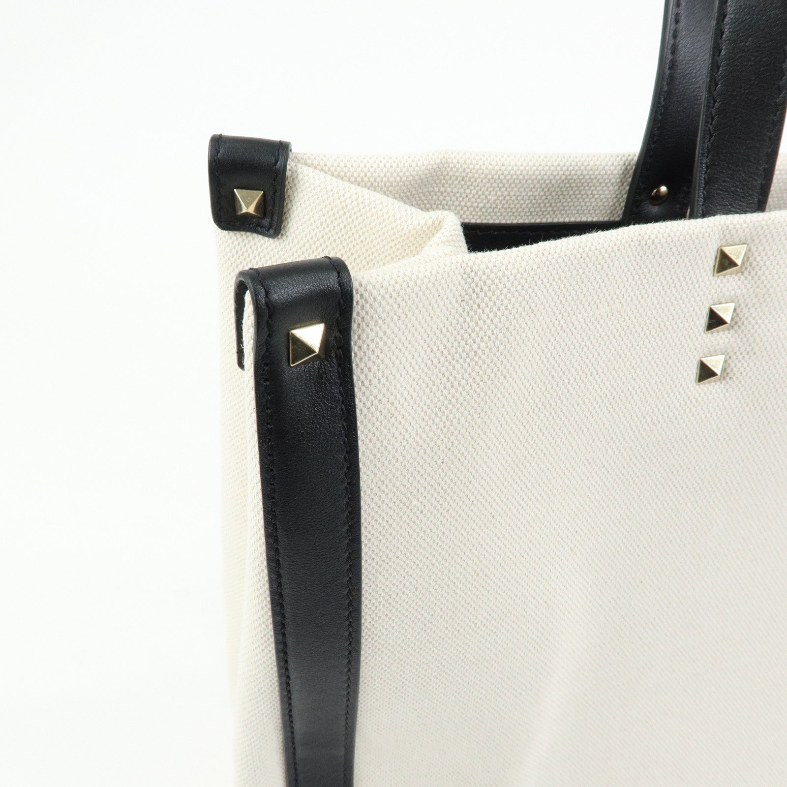 VALENTINO Rockstud Canvas Leather Tote Bag Hand Bag Natural Black