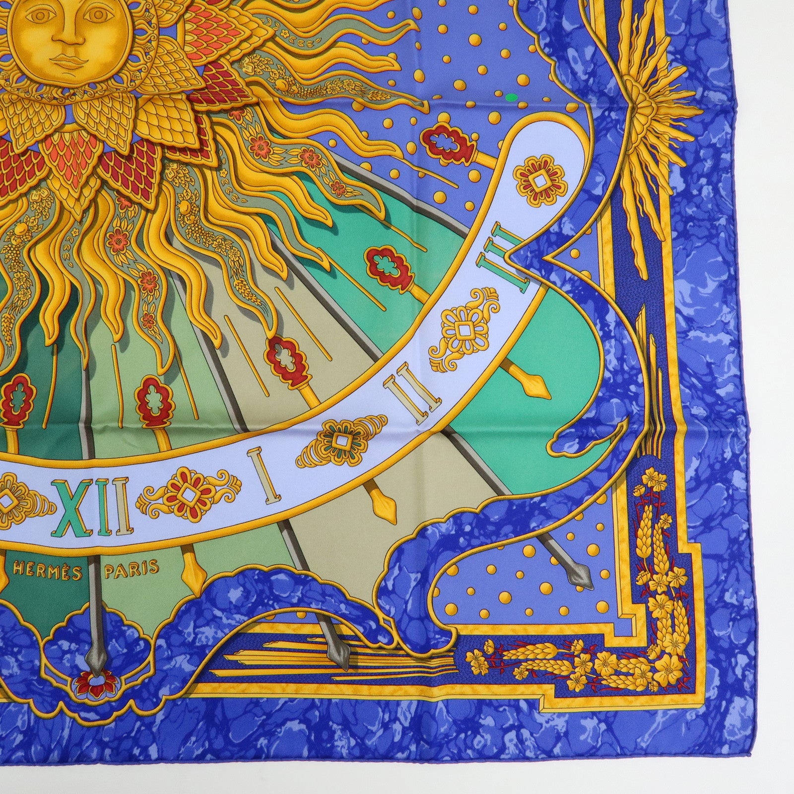 HERMES Carre 90 Silk 100% Scarf CARPE DIEM Blue Gold