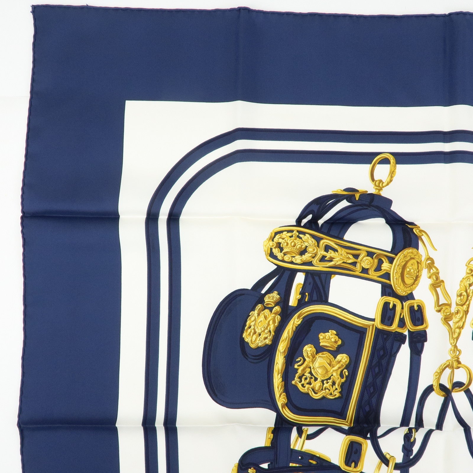 HERMES Carre 90 Silk 100% Scarf BRIDES DE GALA Navy Gold