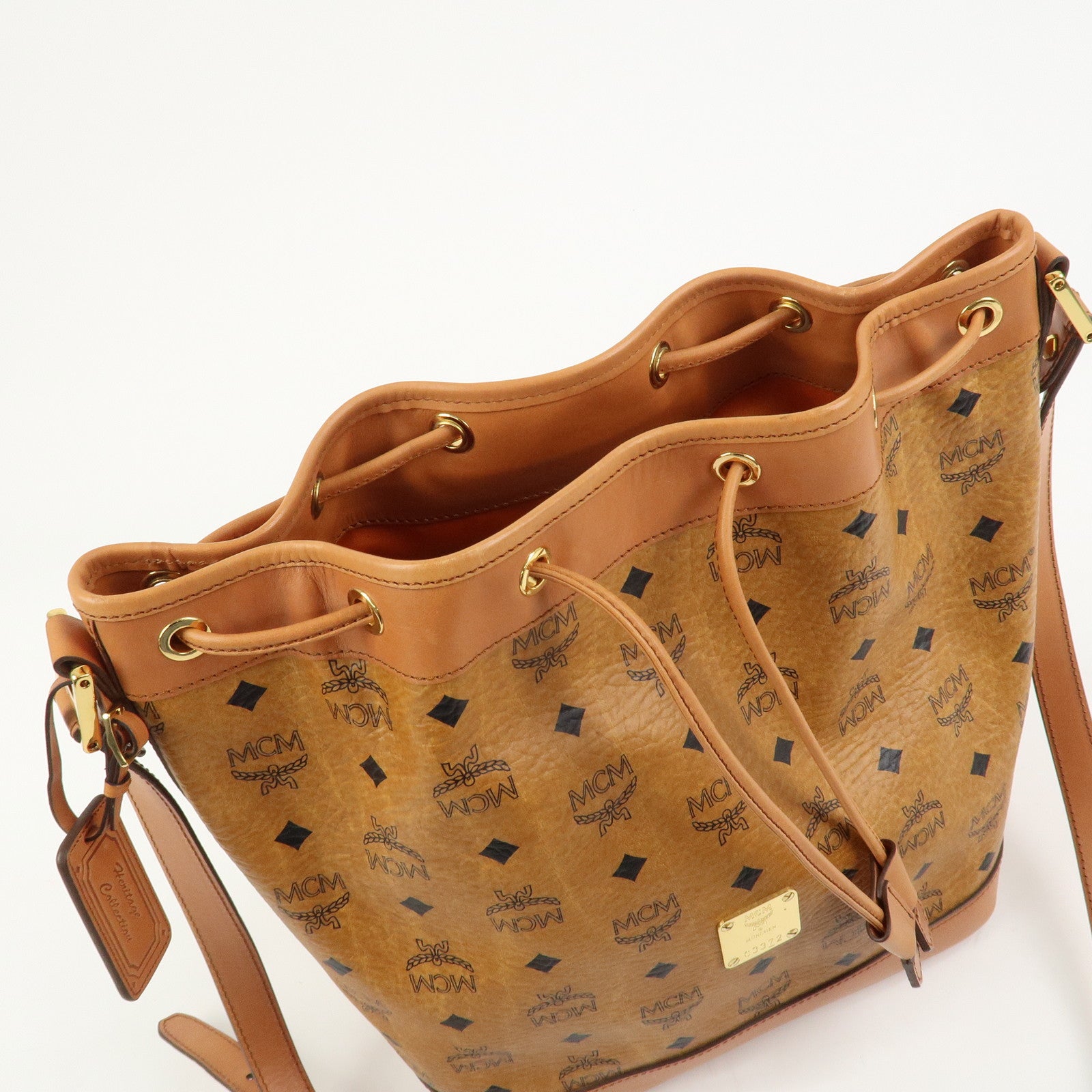 MCM Visetos Leather Bucket Bag Shoulder Bag Drawstring Brown