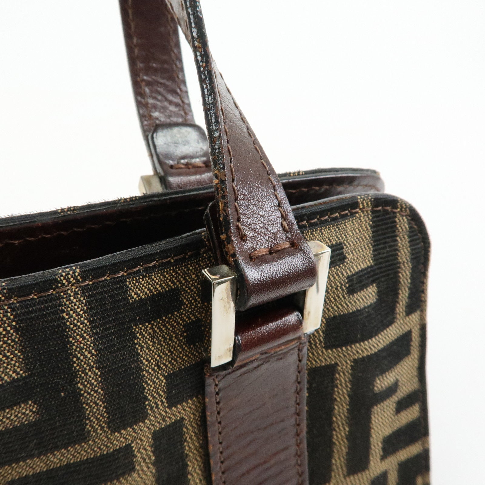FENDI Zucca Jacquard Canvas Leather Top Handle Hand Bag Brown