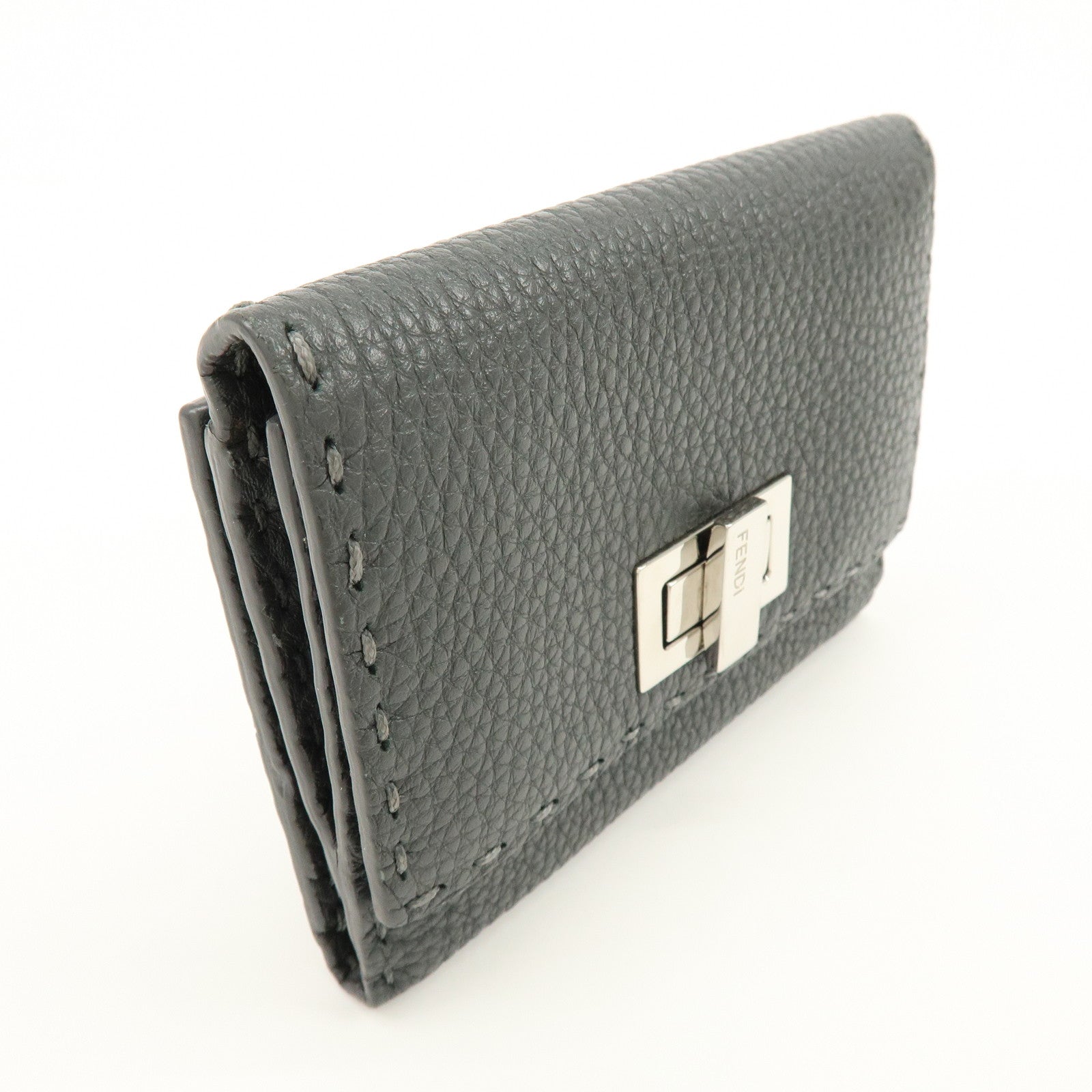 FENDI Selleria Leather Tri-fold Compact Wallet Gray 8M0359