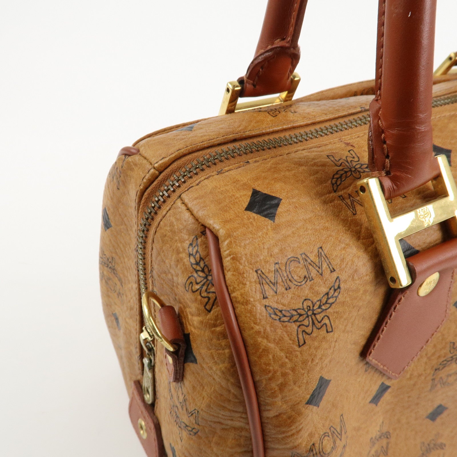 MCM Visetos Leather 2WAY Boston Bag Shoulder Bag Brown Gold HDW Used