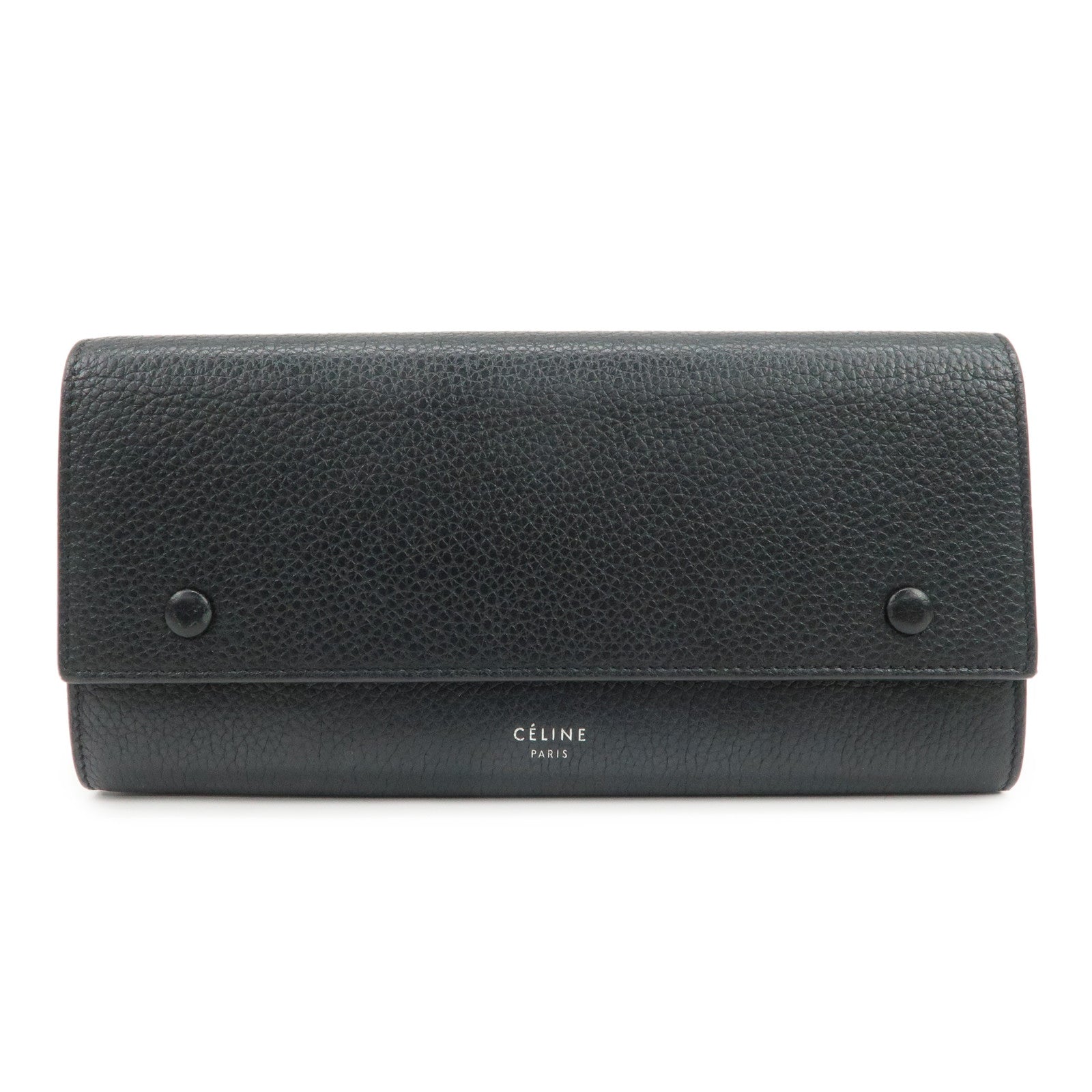 CELINE Logo Glen Calfskin Button Flap Long Wallet Navy