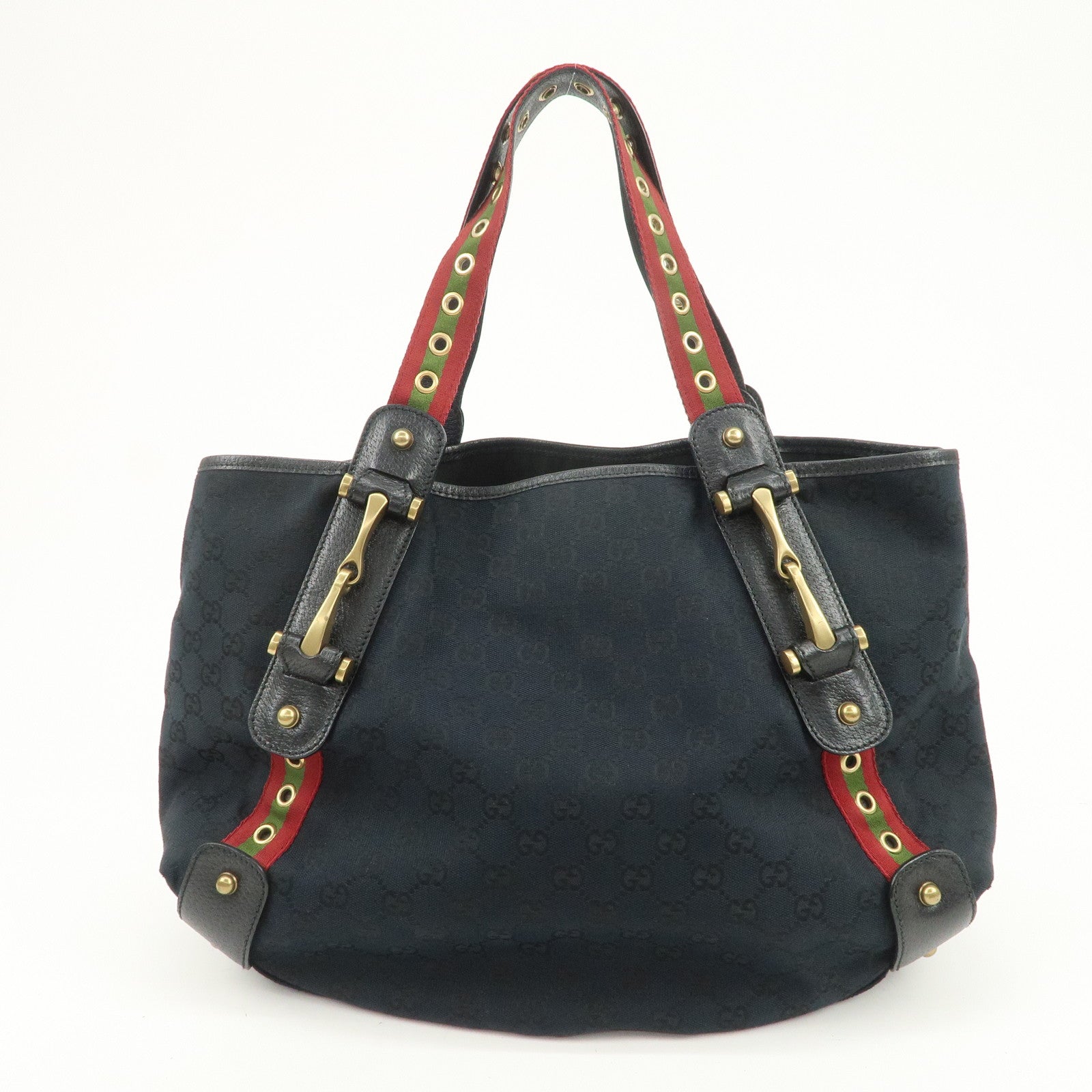 GUCCI Horsebit GG Canvas Leather Tote Bag Hand Bag Black 144186