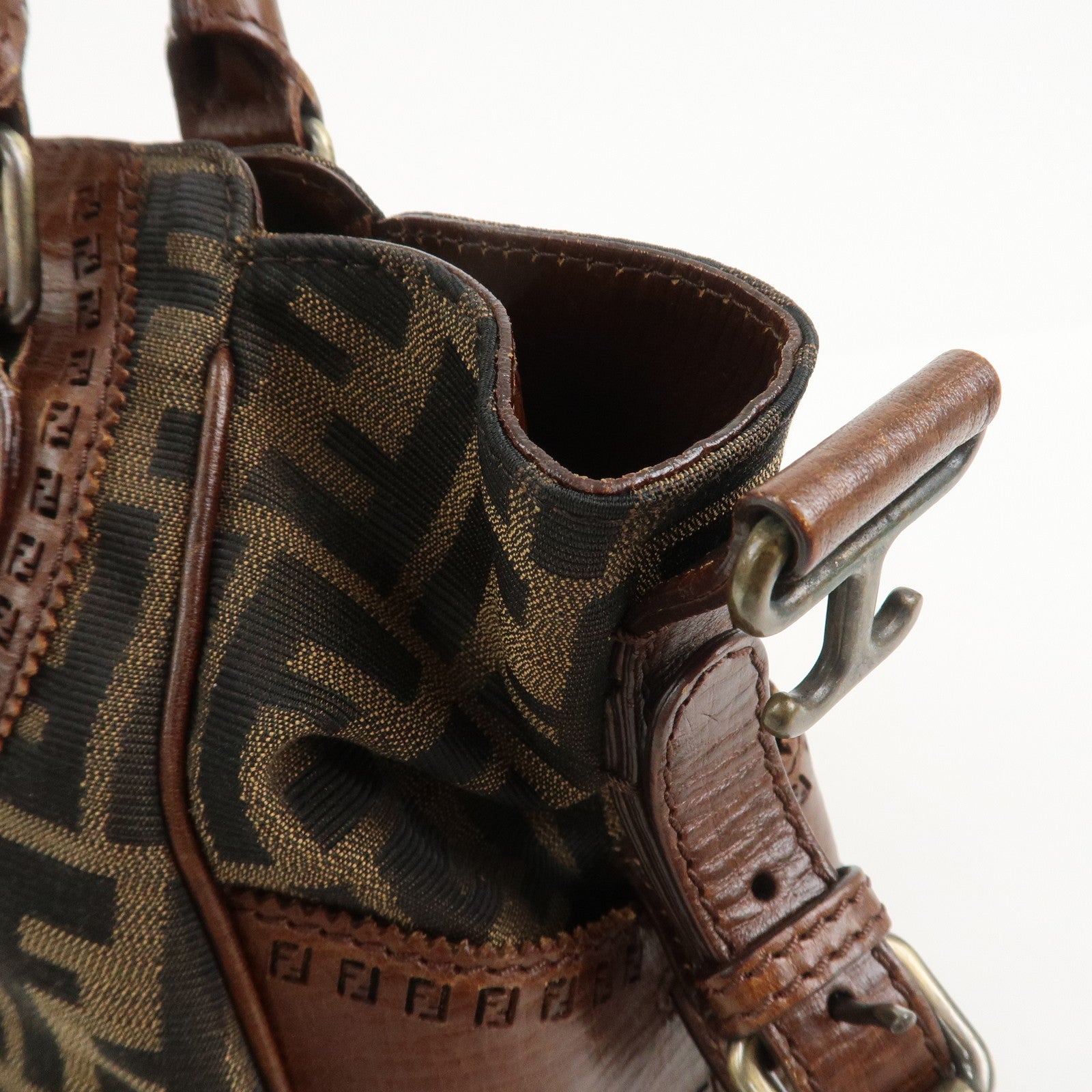 FENDI Etnico Zucca Canvas Leather Shoulder Bag Brown Black 8BN157