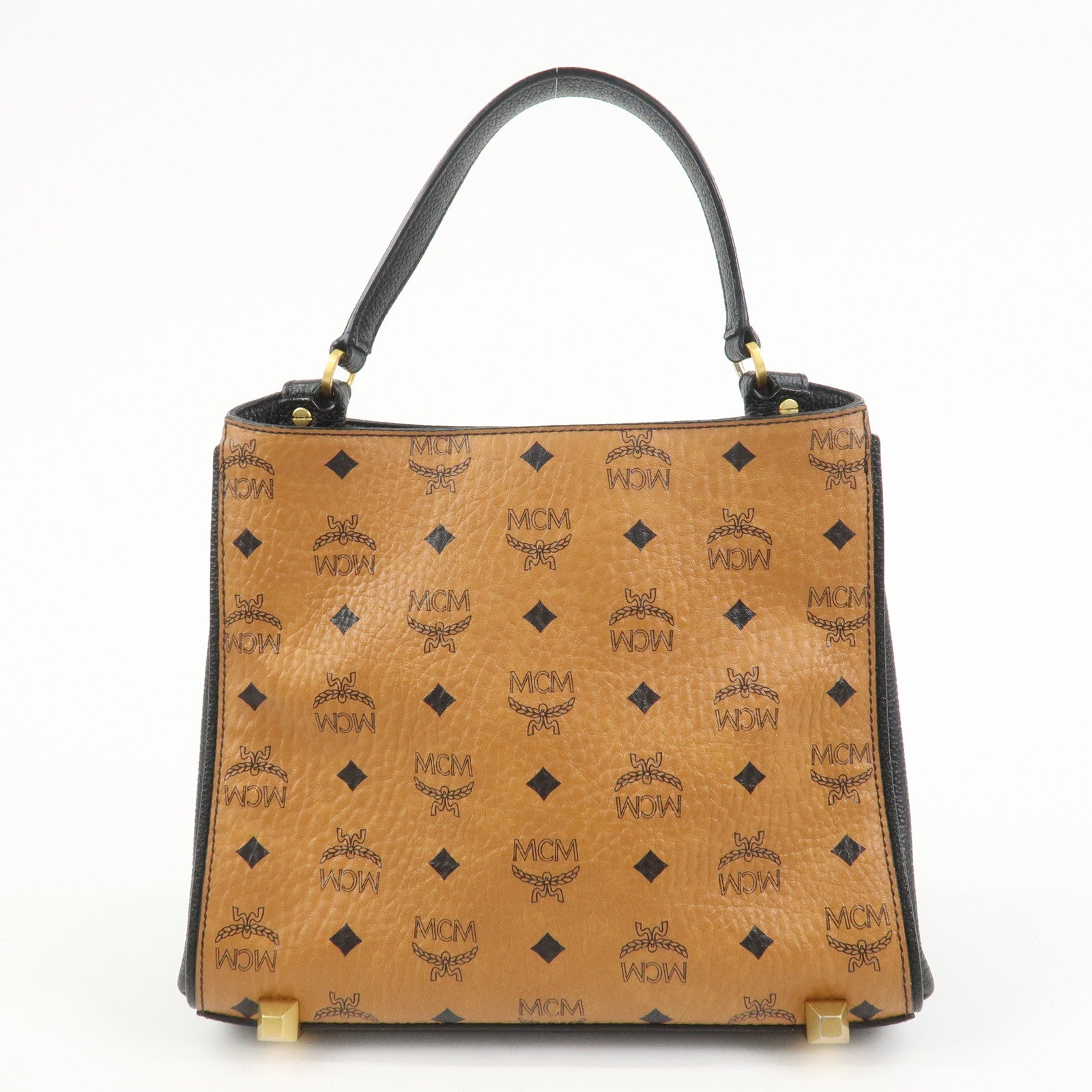 MCM Leather 2Way Bag Hand Bag Shoulder Bag Camel Black