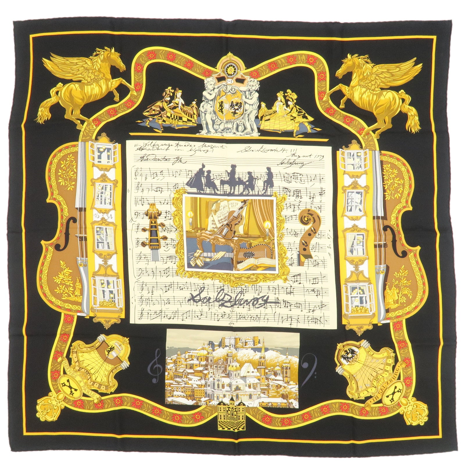HERMES Carre 90 Silk 100% IN SALZBURG Scarf Black Gold
