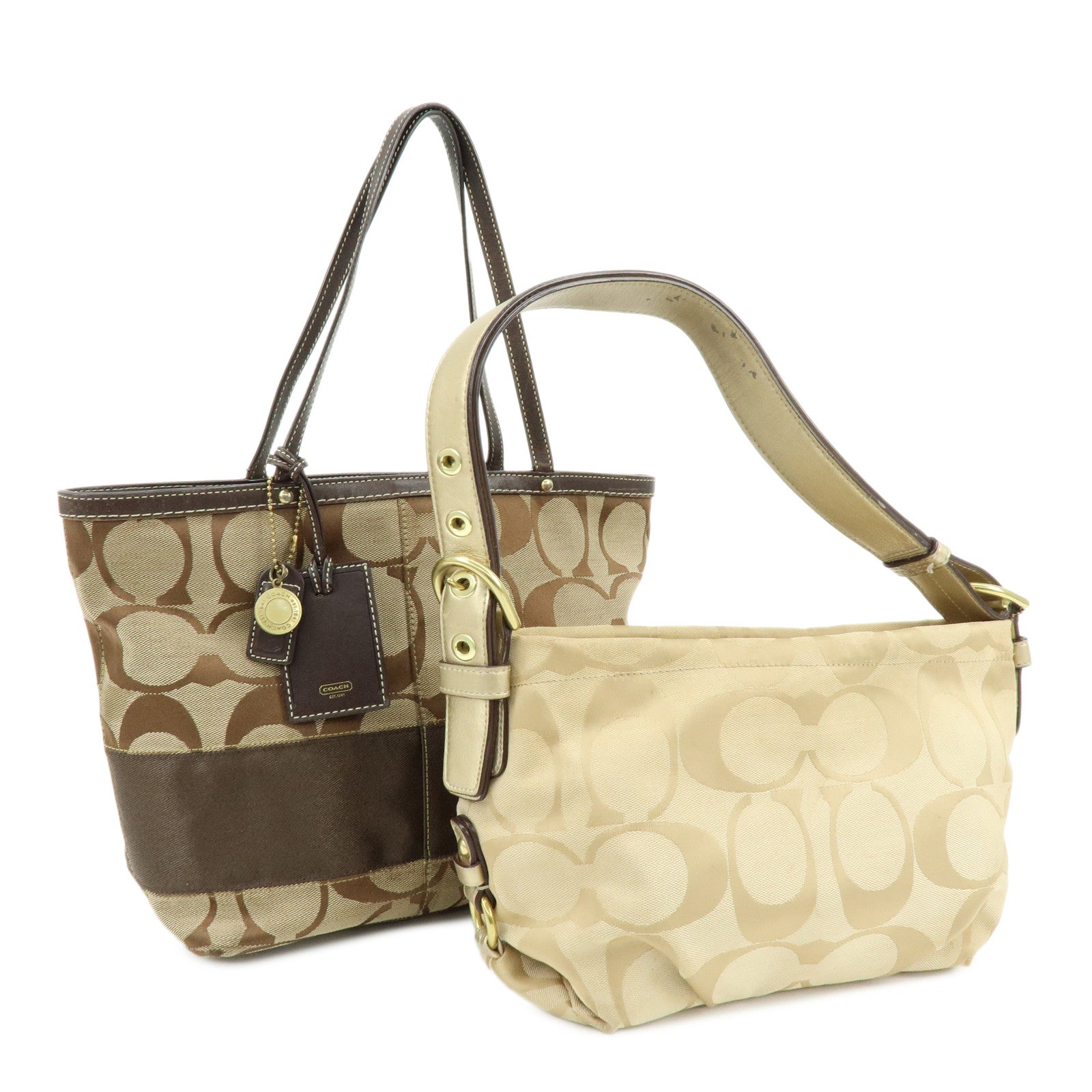 COACH Signature Set of 2 Canvas Leather Shoulder Bag Brown Beige