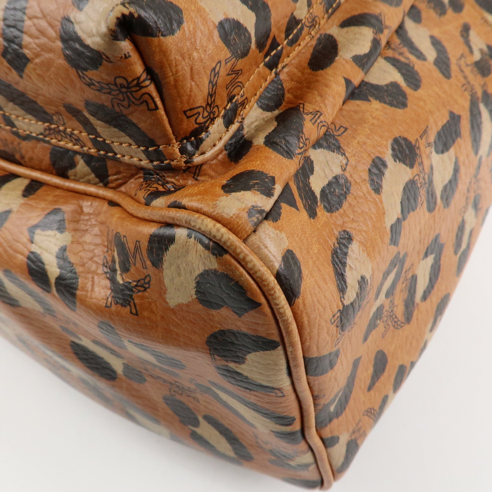 MCM Visetos Leather Leopard Back Pack Black Beige Brown Gold HDW Used