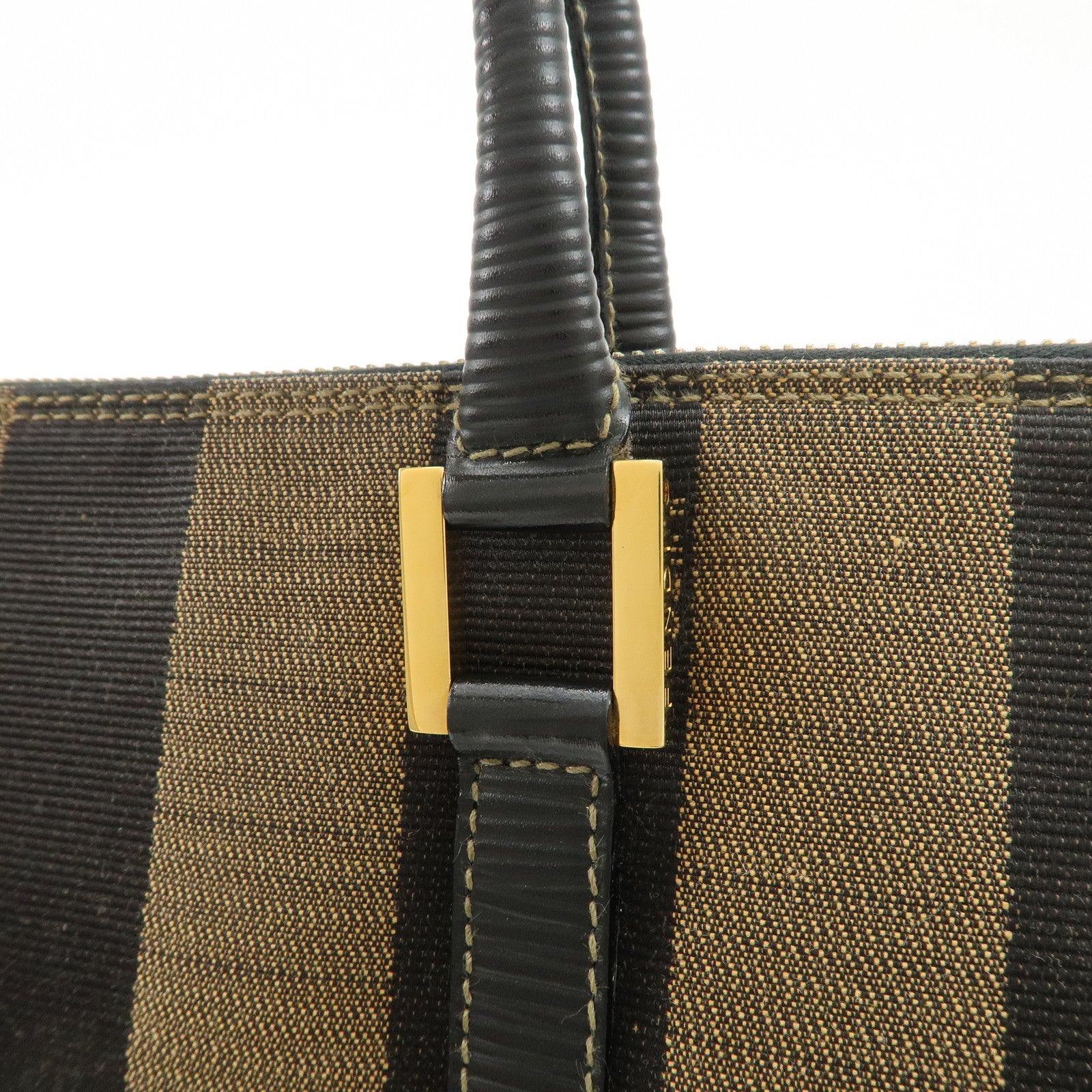 FENDI Pequin Canvas Leather Hand Bag Tote Bag Black Brown