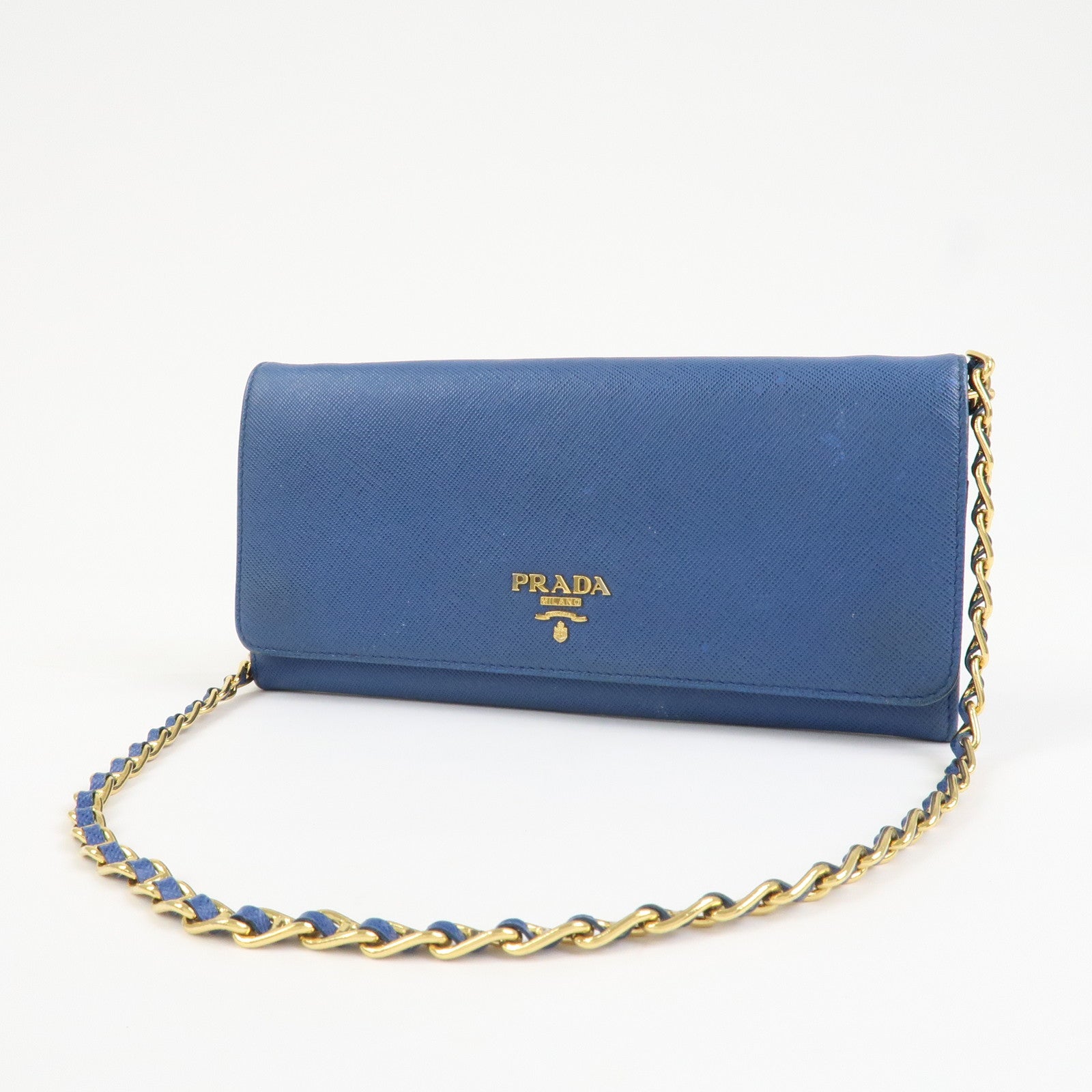 PRADA Logo Saffiano Leather Chain Shoulder Wallet WOC Blue 1M1290