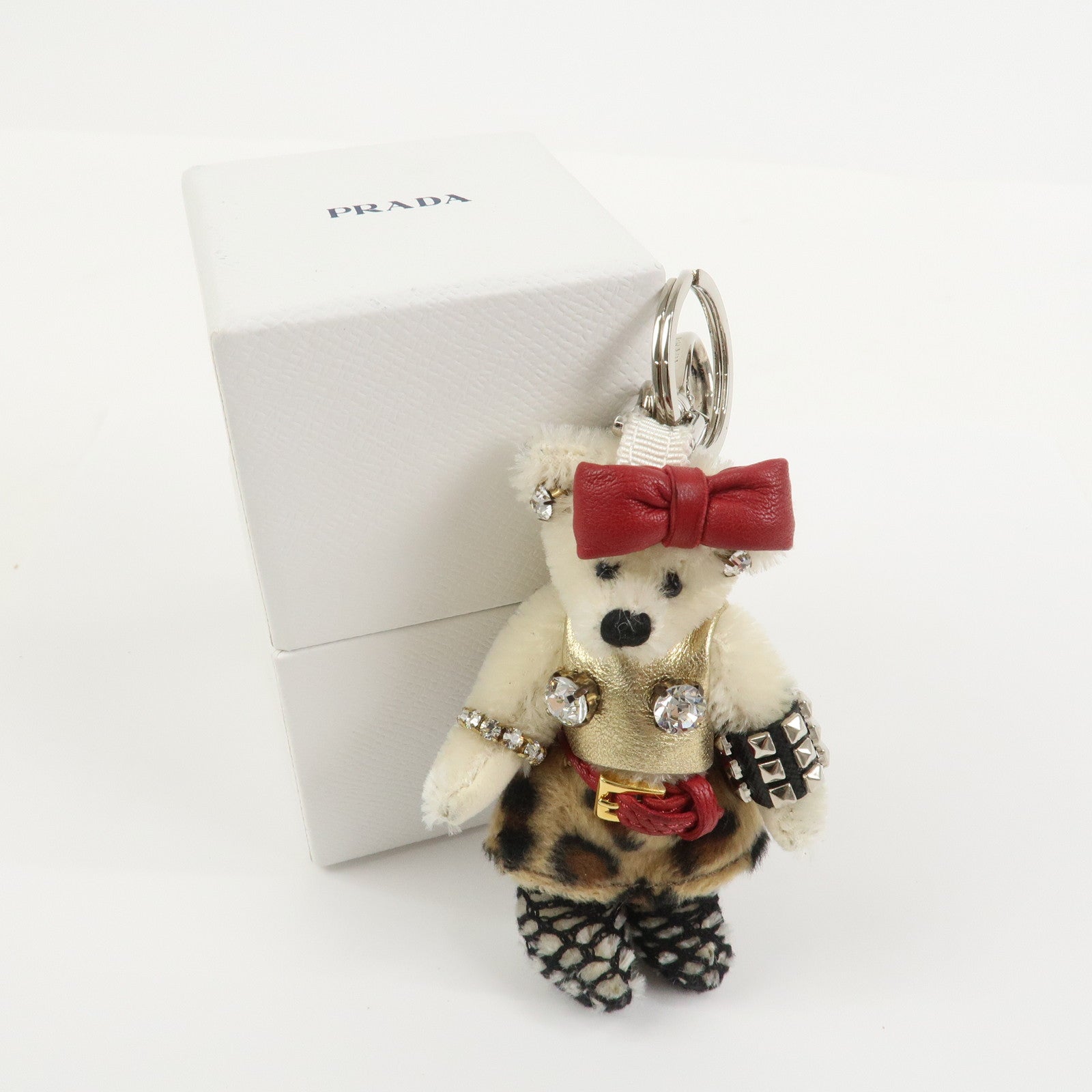 PRADA Teddy Bear Bag Key Charm Key Leopard Bijou Ivory