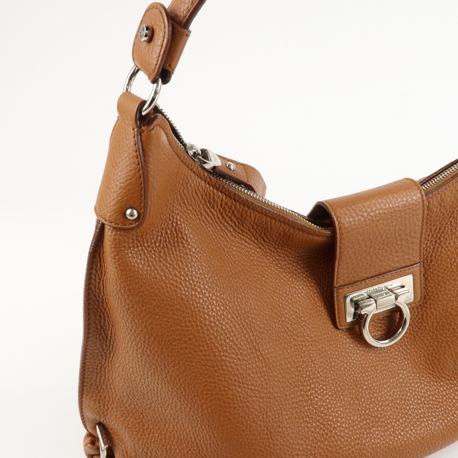 Ferragamo Gancini Leather Shoulder Bag Brown Silver Hardware Used