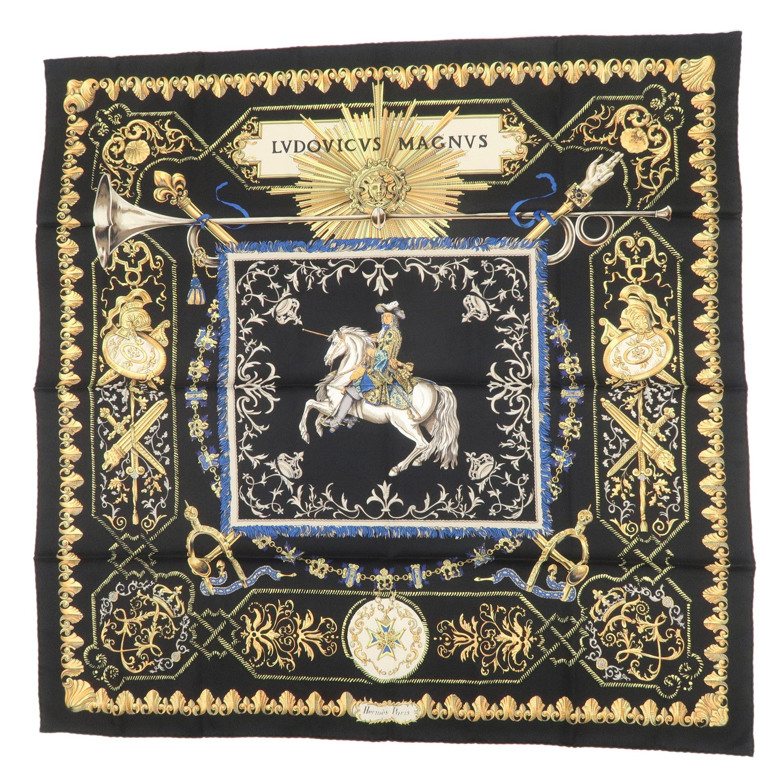 HERMES Carre 90 Silk 100% Scarf LVDOVICVS MAGNVS Black Yellow