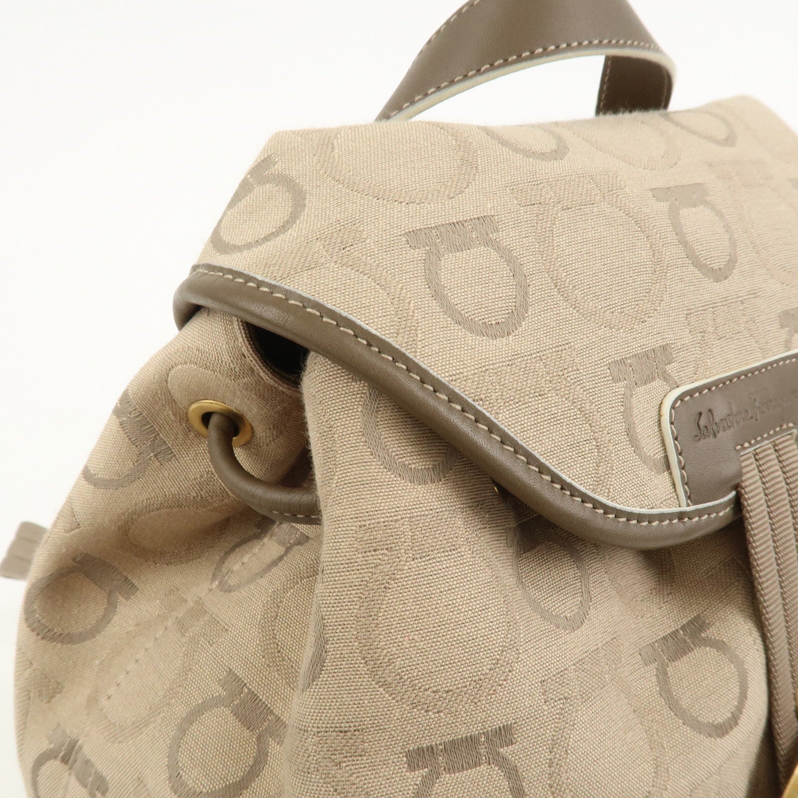 Ferragamo Gancini Canvas Leather Backpack Rucksuck Beige