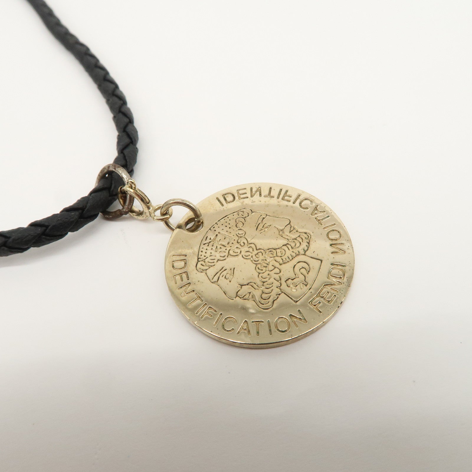 FENDI Coin Motif Leather Metal Necklace Gold Black