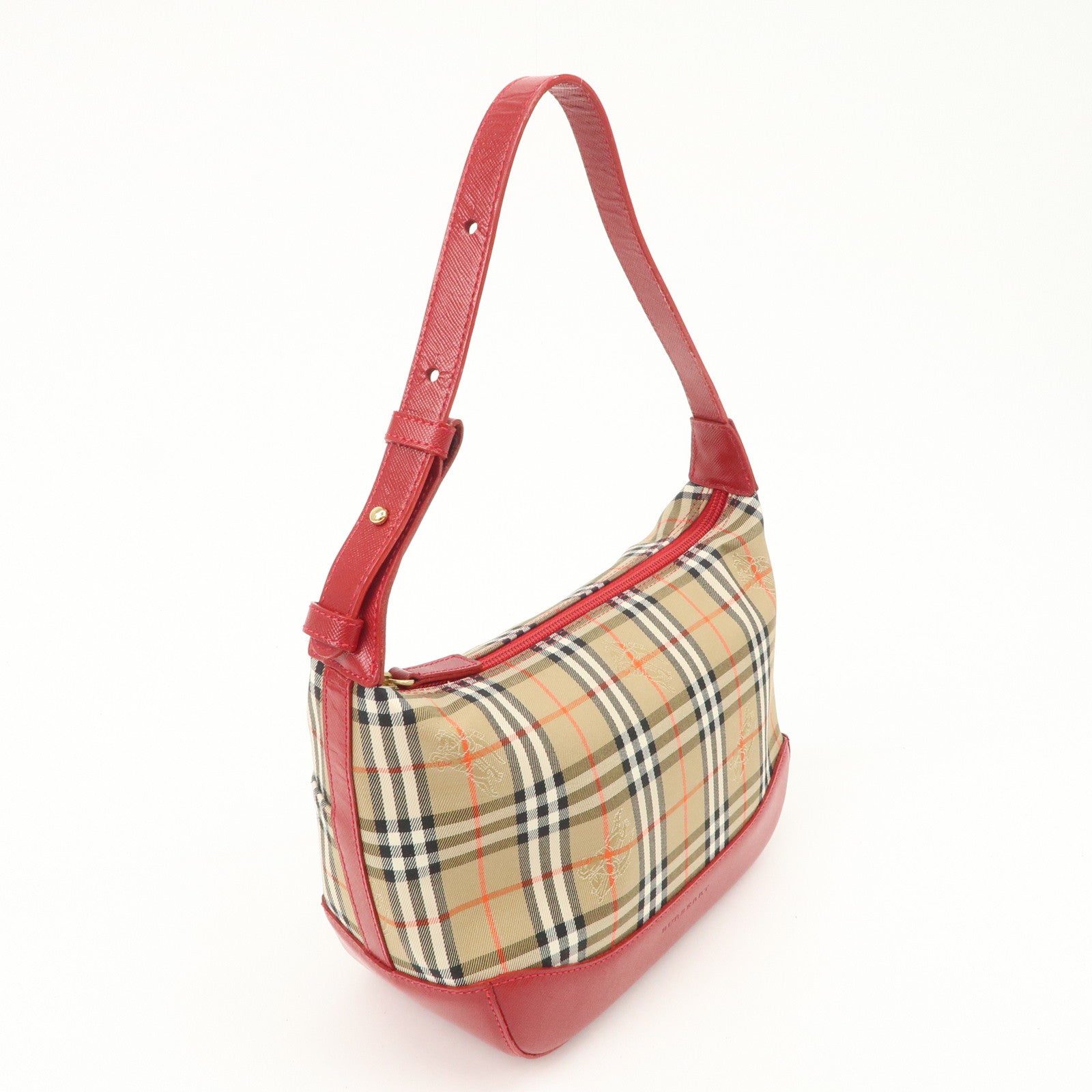 BURBERRY Canvas Leather Nova Plaid Shoulder Bag Hand Bag Beige Red