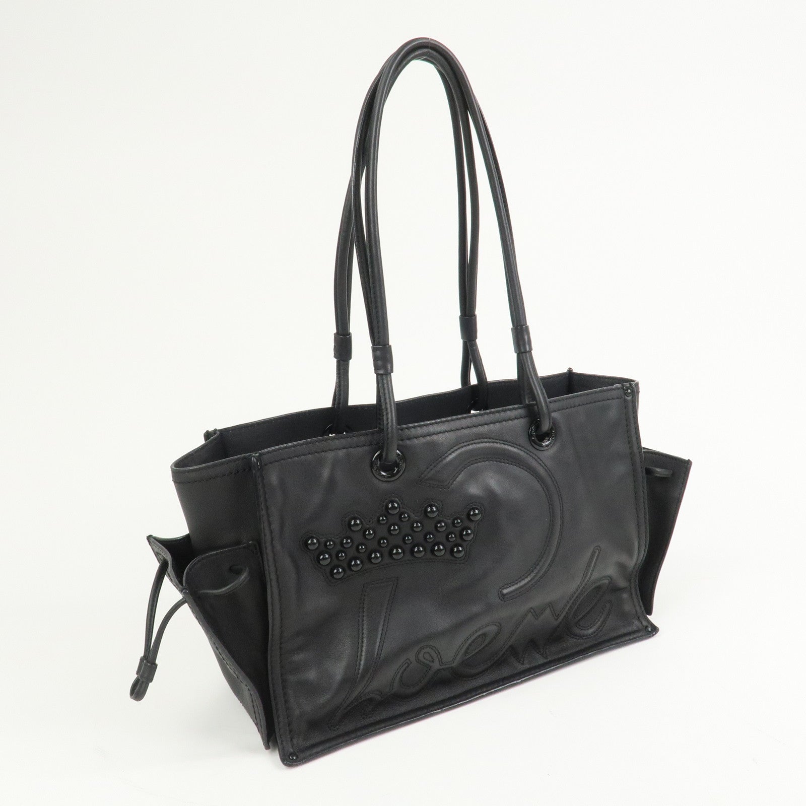 LOEWE Logo Leather Shopper Tote Bag Shoulder Bag Hand Bag Black