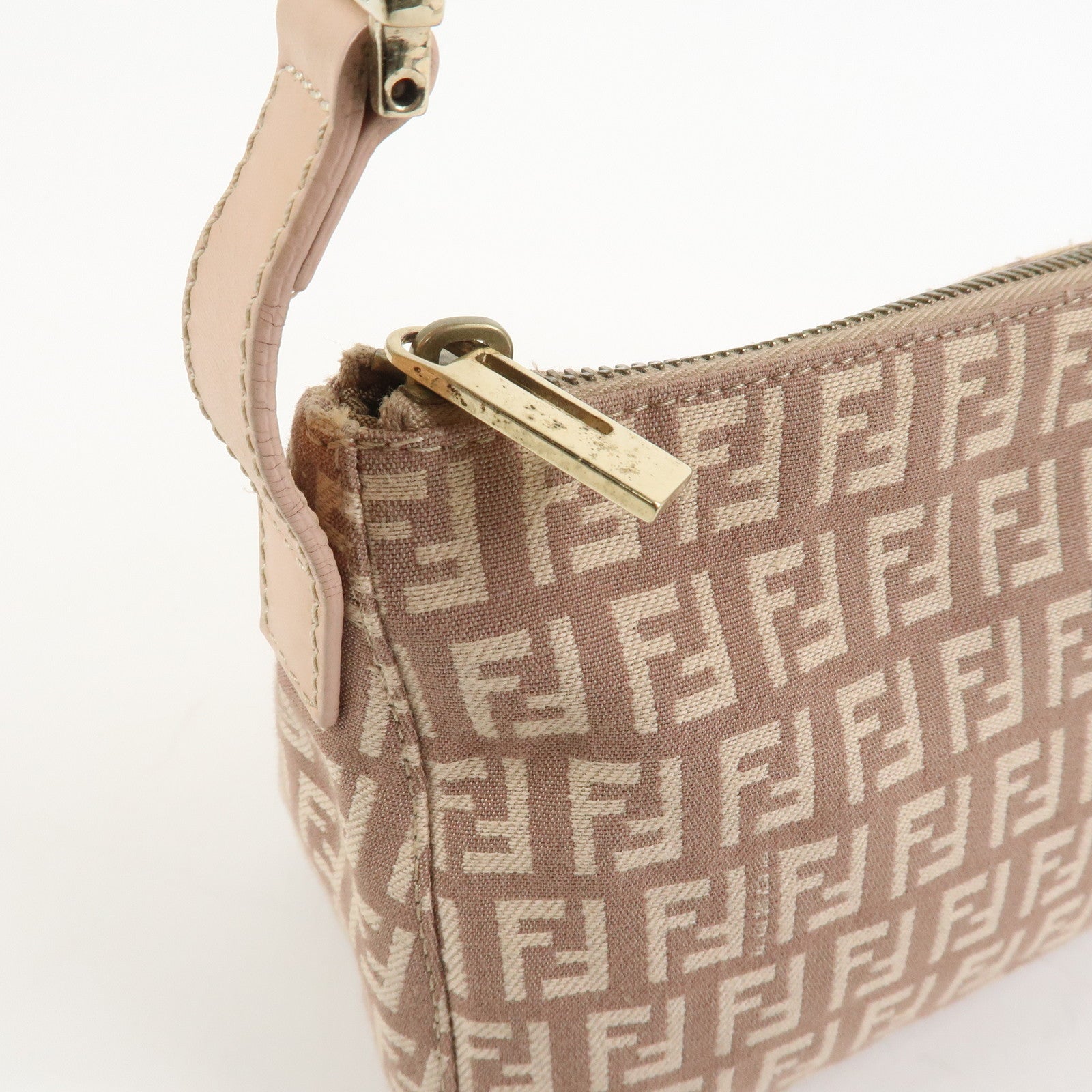 FENDI Zucchino Canvas Leather Shoulder Hand Bag Pink Beige 8BR444