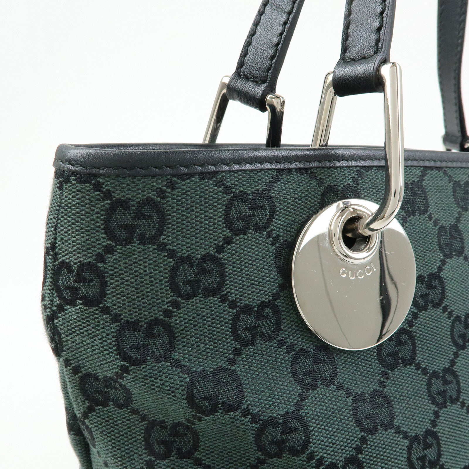 GUCCI GG Canvas Leather Tote Bag Hand Bag Green Black 285583